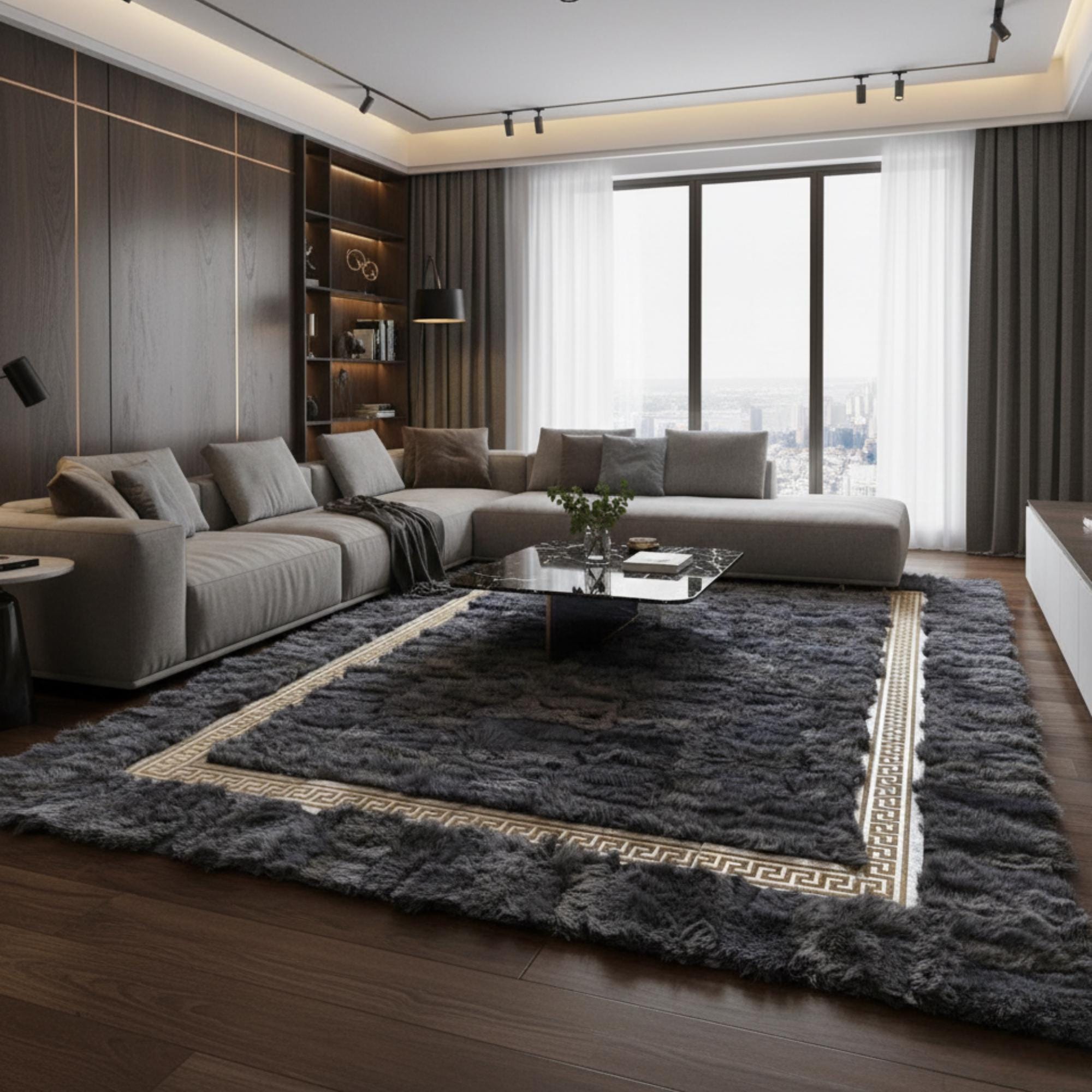 Luxury Gray Toscana Sheepskin Area Rug with Gold Border,