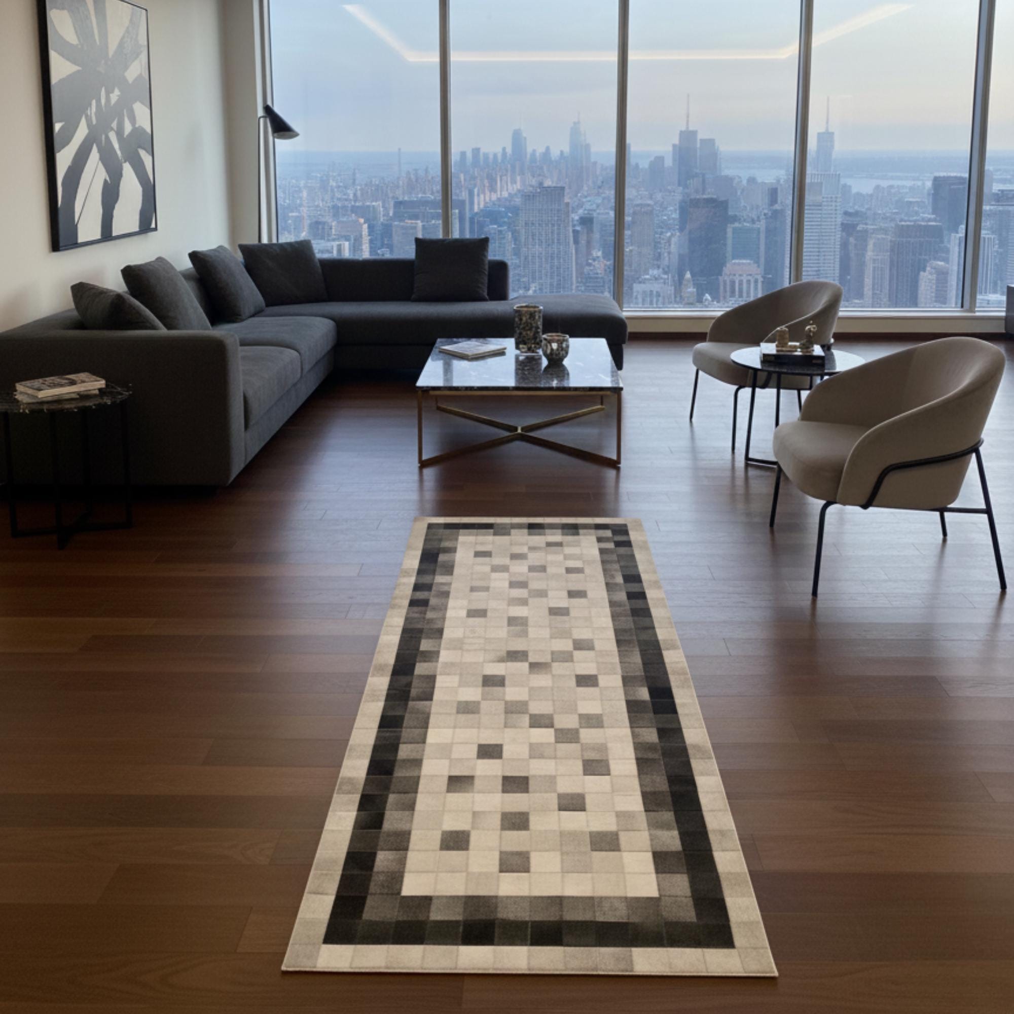 Cowhide Runner Rug, Grey Patchwork Hallway Runner, Modern Geometric Mat