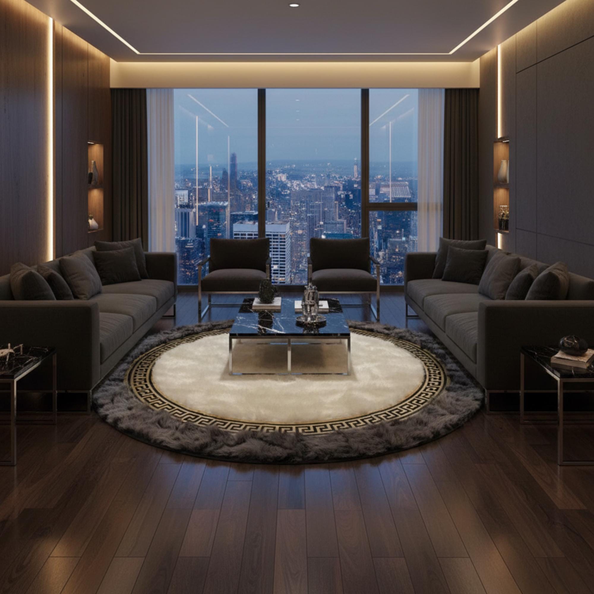 White and Gray Round Tuscan Fur Rug, Geometric Border Carpet