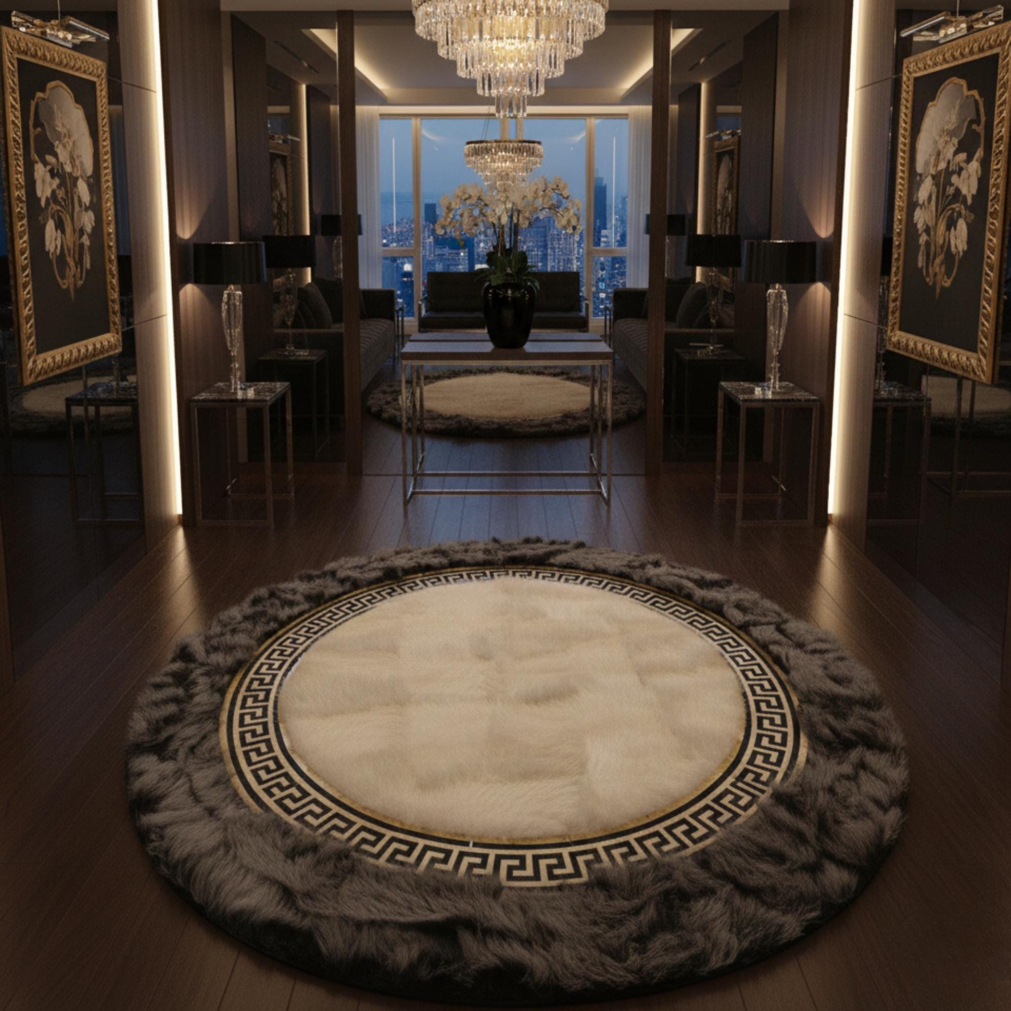 White and Gray Round Tuscan Fur Rug, Geometric Border Carpet