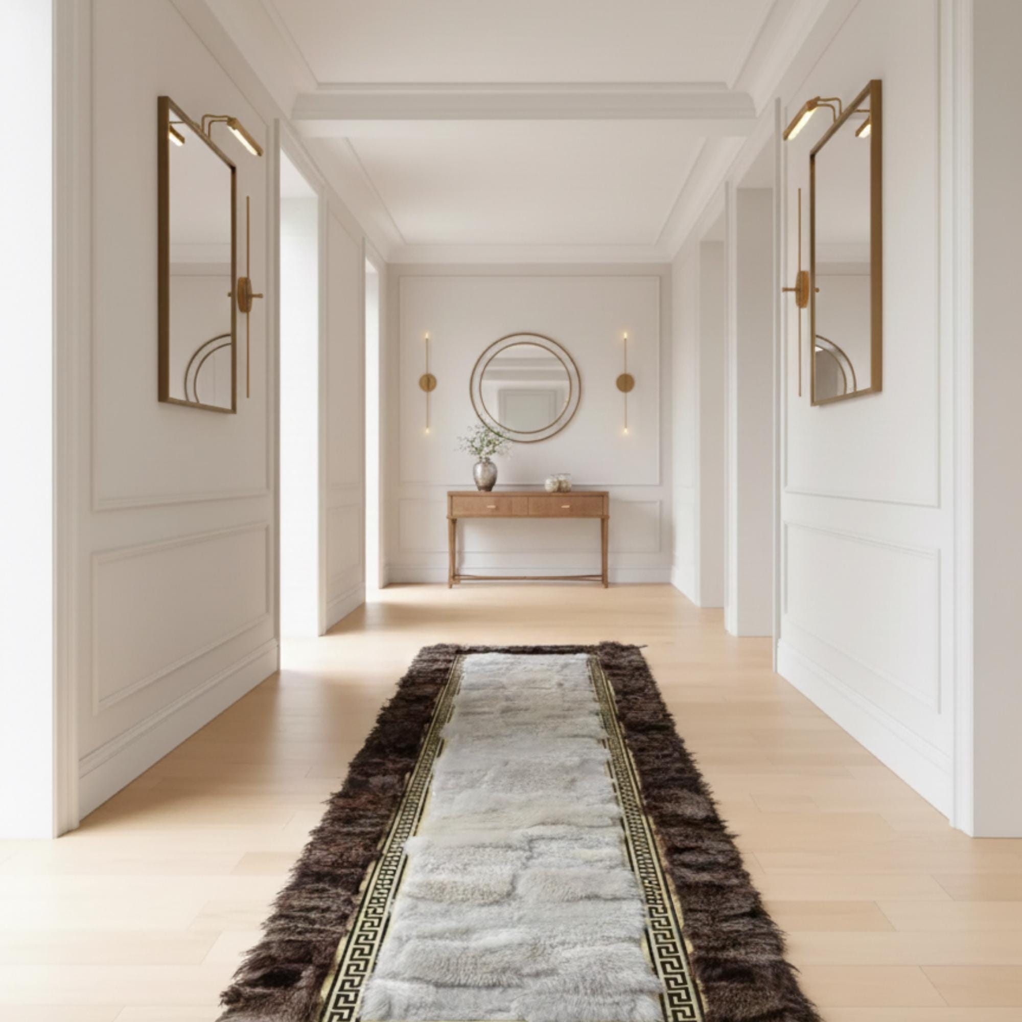 Tuscan Fur Runner Rug, Geometric Border Hallway Mat, Luxury Fluffy Carpet