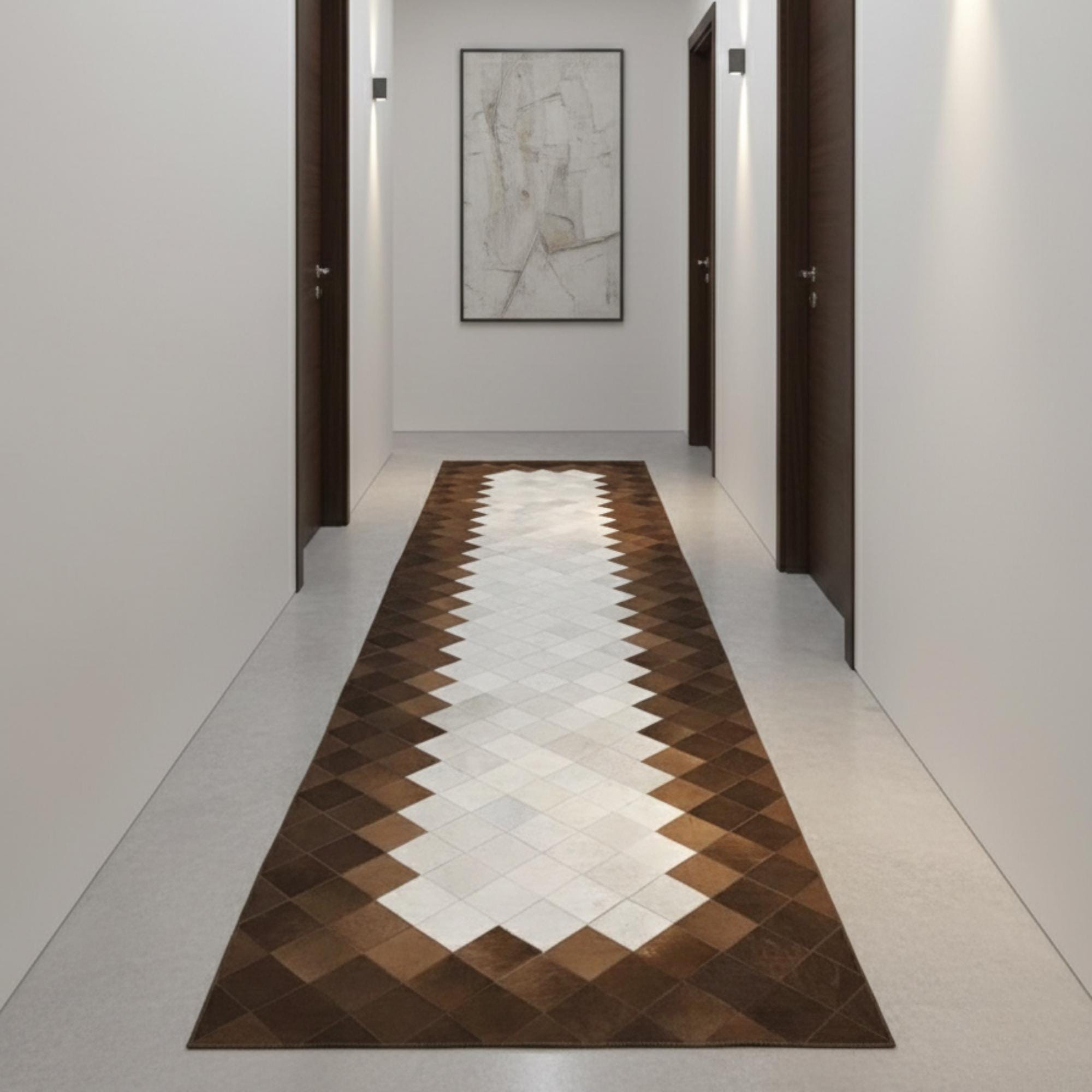 Brown and White Cowhide Runner, Geometric Patchwork Rug, Modern Hallway