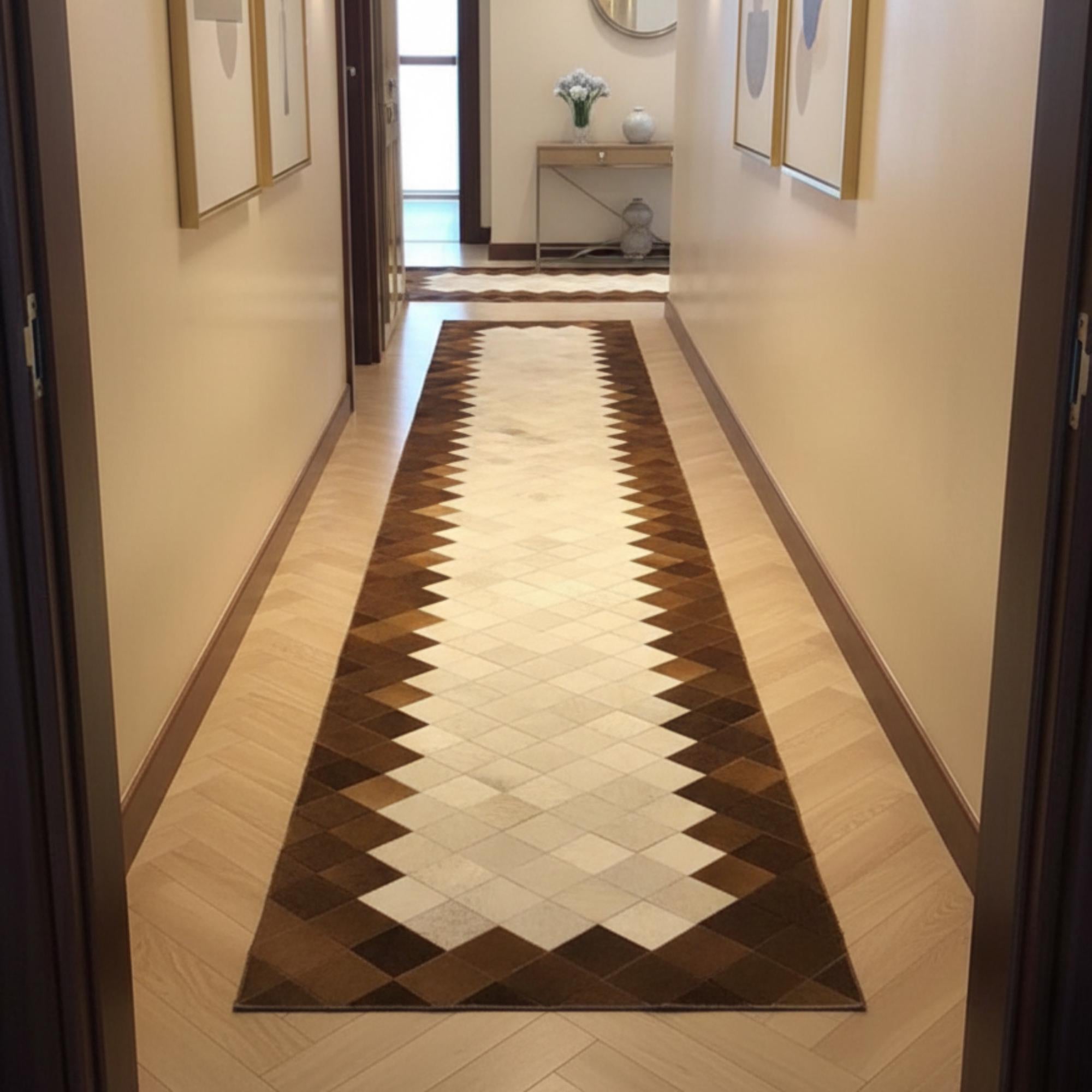 Brown and White Cowhide Runner, Geometric Patchwork Rug, Modern Hallway
