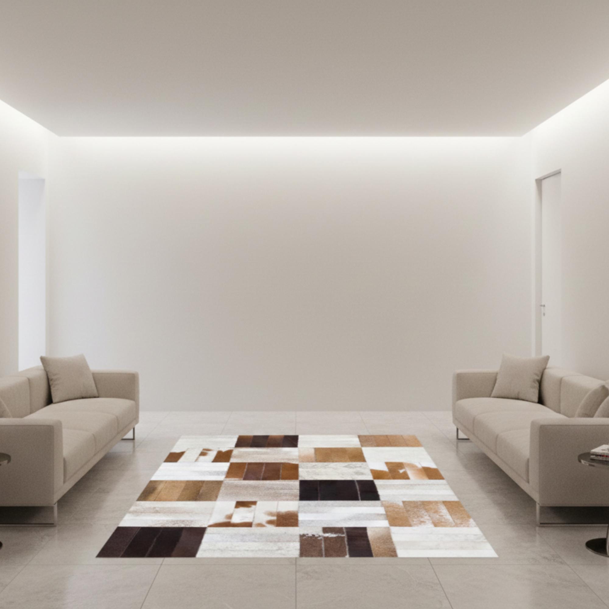 Cowhide Area Rug, Patchwork Leather Carpet, Modern Rustic Brown and Cream Mat