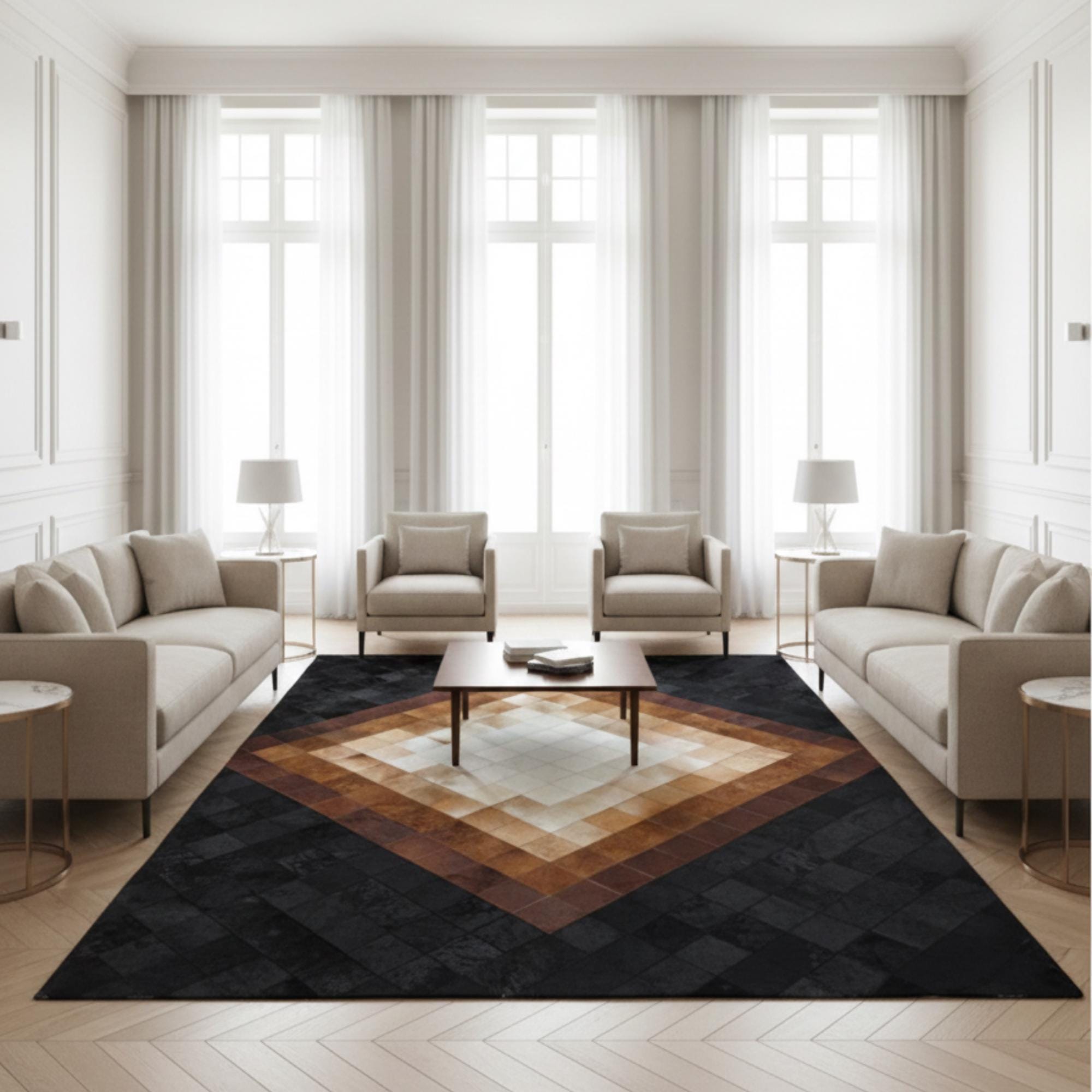 Cowhide Rug, Black and Brown Area Rug, Geometric Patchwork Carpet