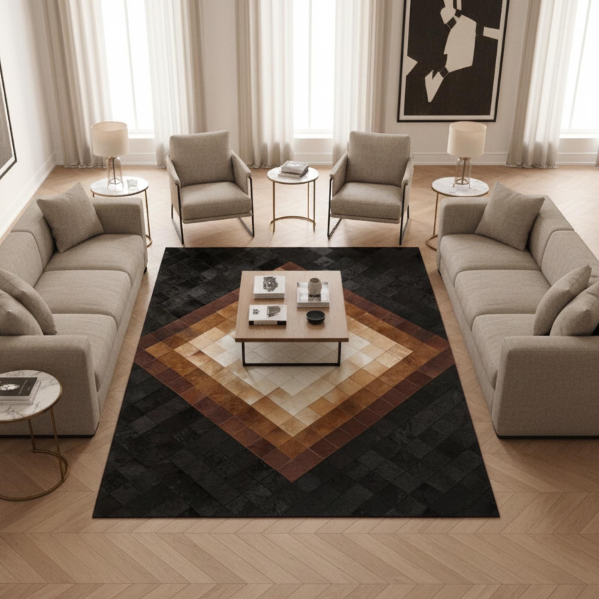 Cowhide Rug, Black and Brown Area Rug, Geometric Patchwork Carpet