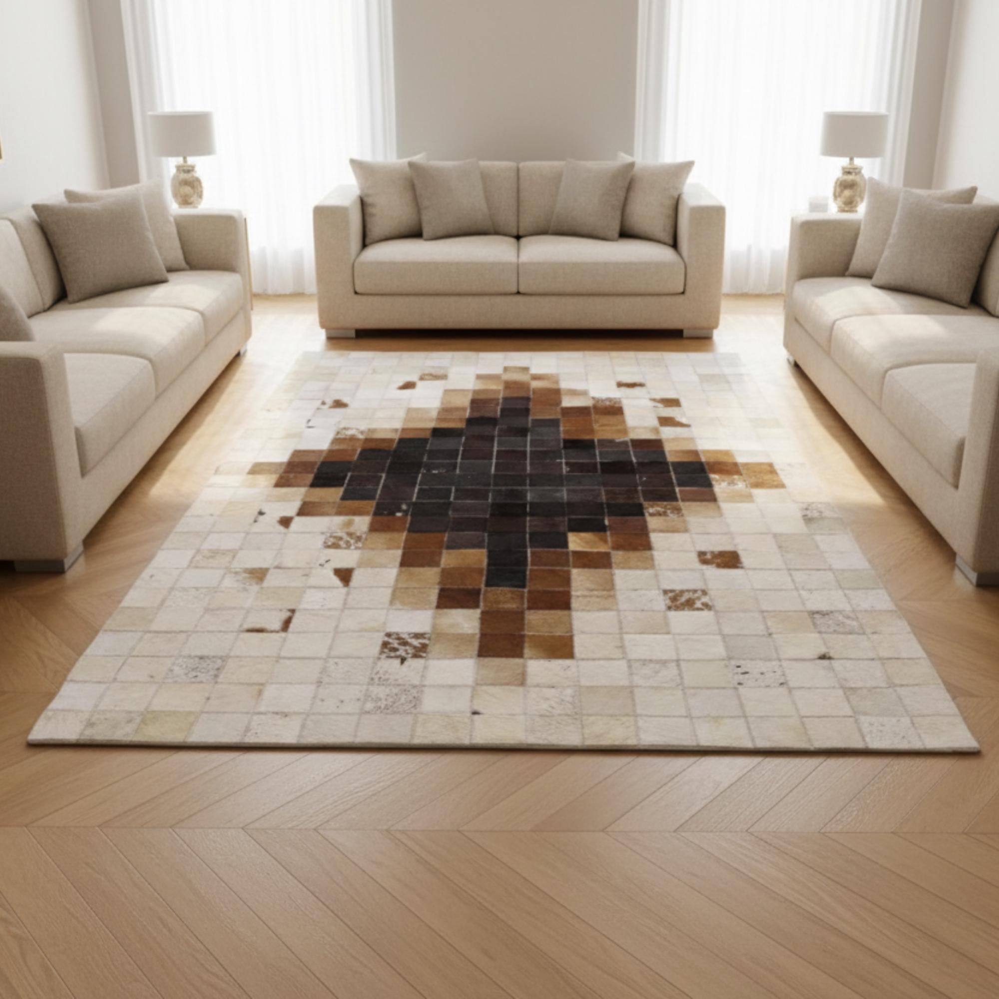 Cowhide Rug, Gradient Area Rug, Brown and Beige Patchwork Carpet