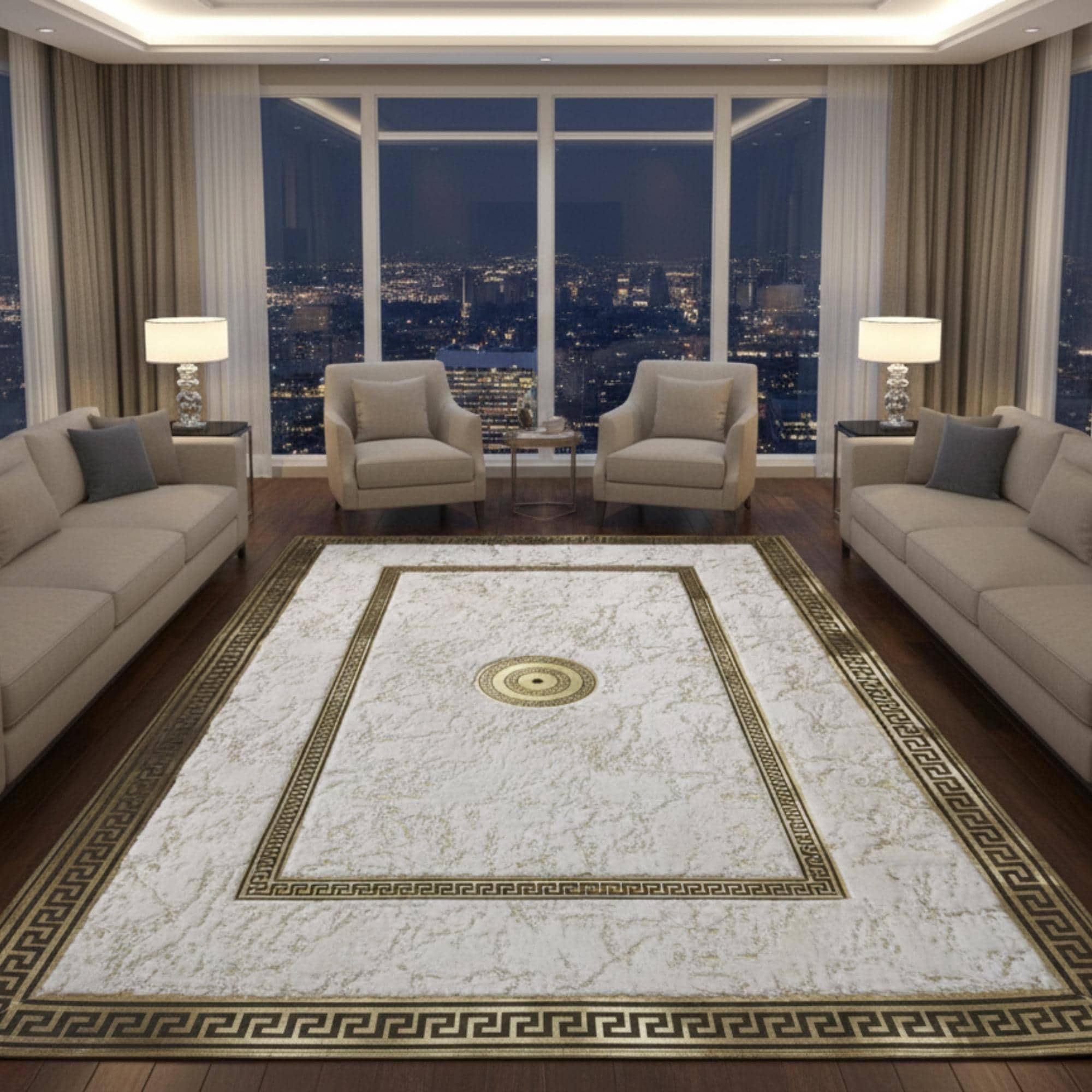 White Plush Rug, Gold Border Area Rug, Luxury Fur Carpet,
