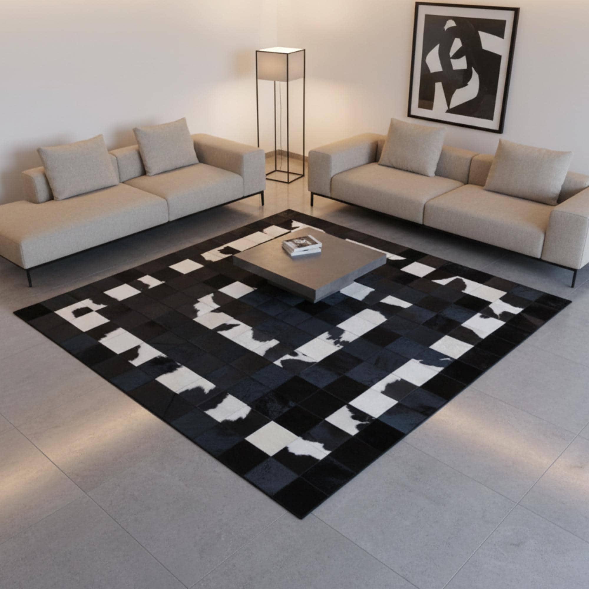 Cowhide Area Rug, Diamond Patchwork Carpet, Black Brown Cream Mat,
