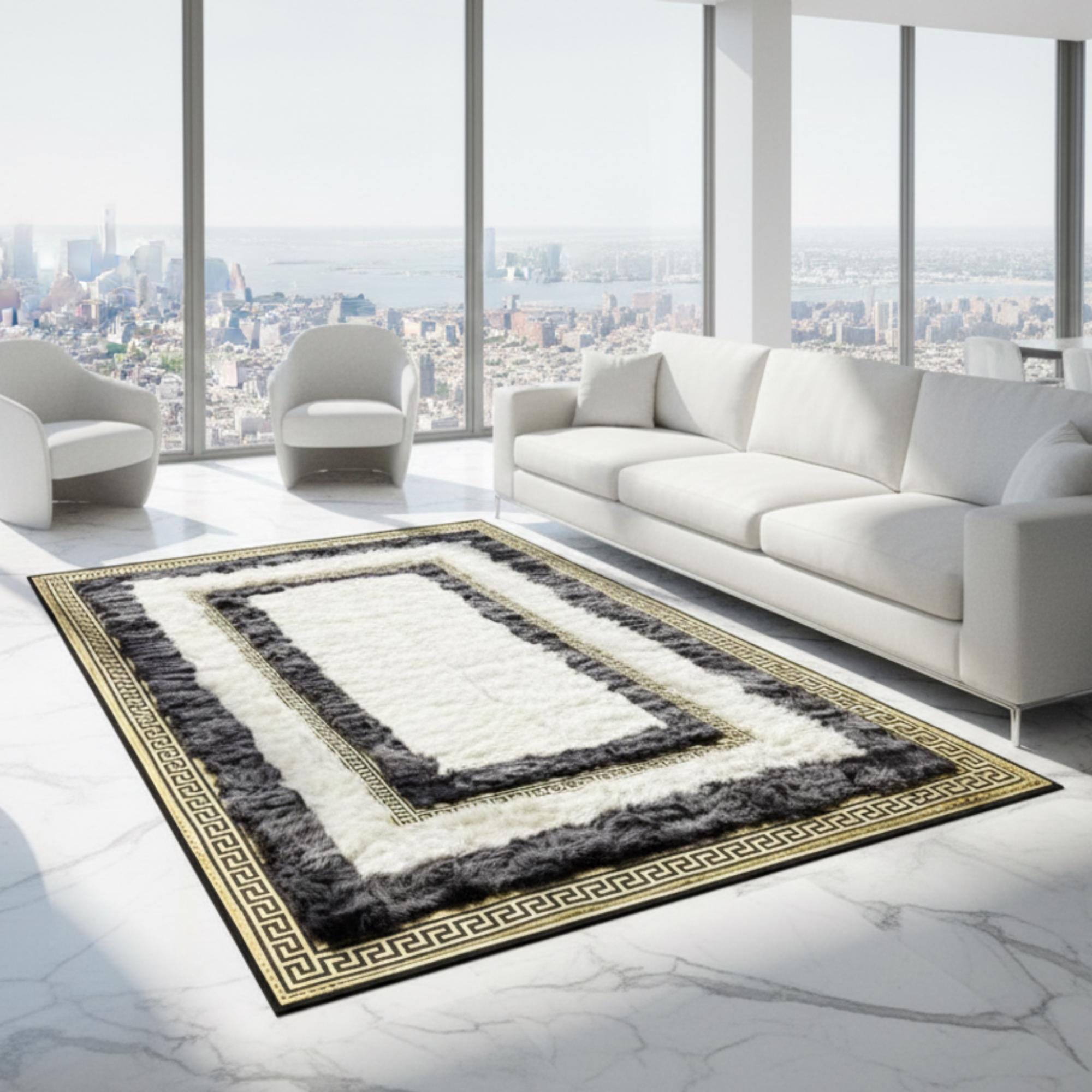 Tuscan Fur Area Rug, White Gray and Gold border Geometric Border Carpet,