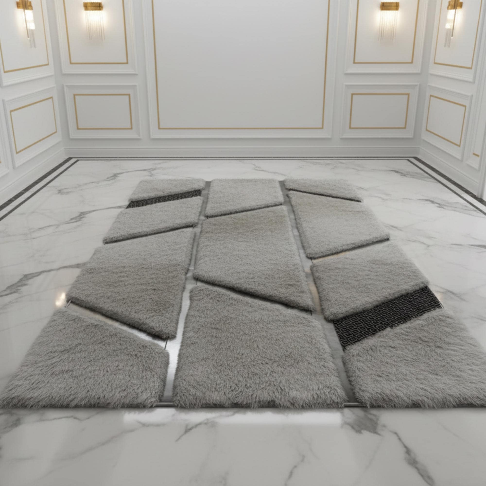 Gray Abstract Fur Rug, Geometric Plush Carpet, Silver Mosaic Area Rug,