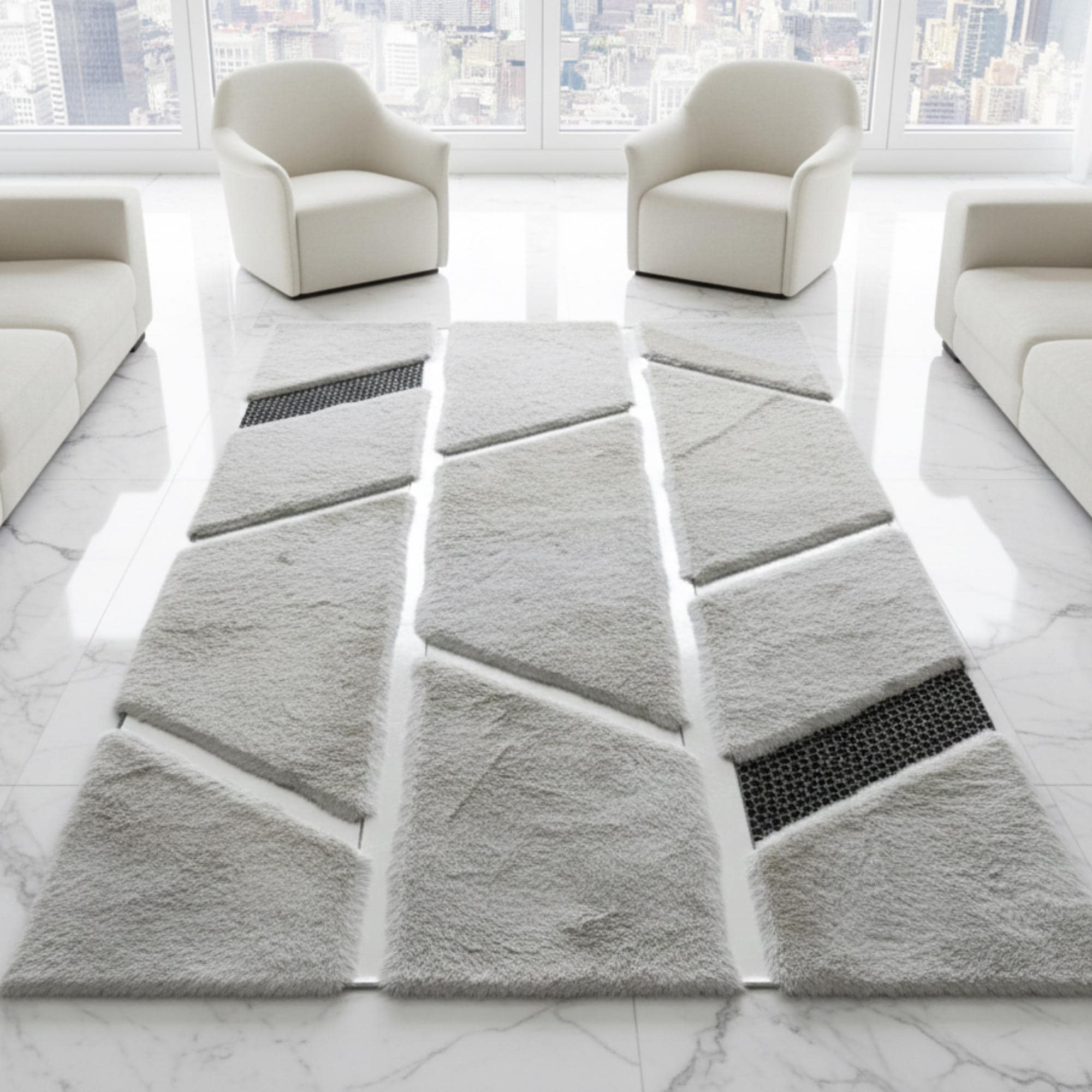 Gray Abstract Fur Rug, Geometric Plush Carpet, Silver Mosaic Area Rug,