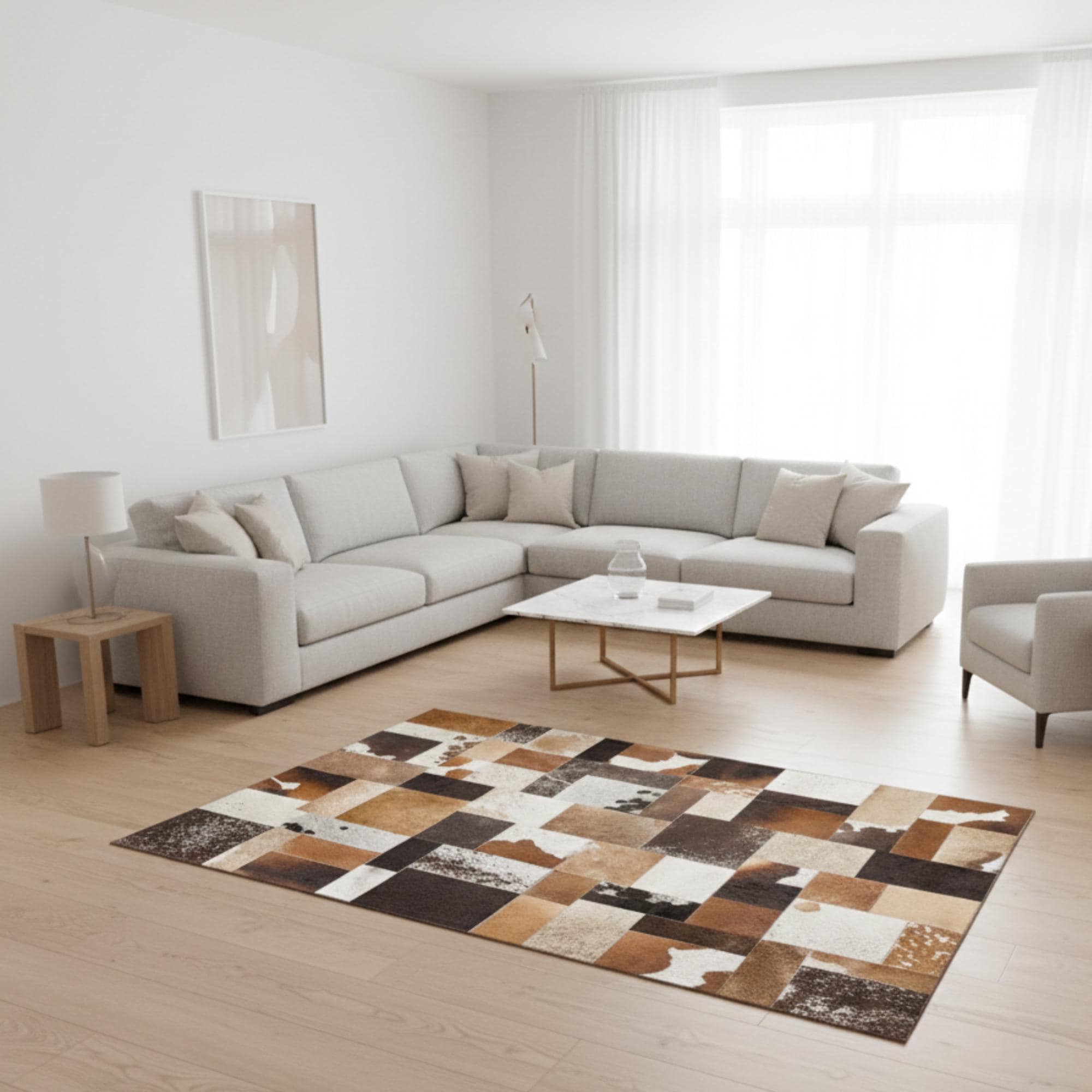 Brown and White Cowhide Rug, Tricolor Patchwork Mat, Real Leather Area Rug,