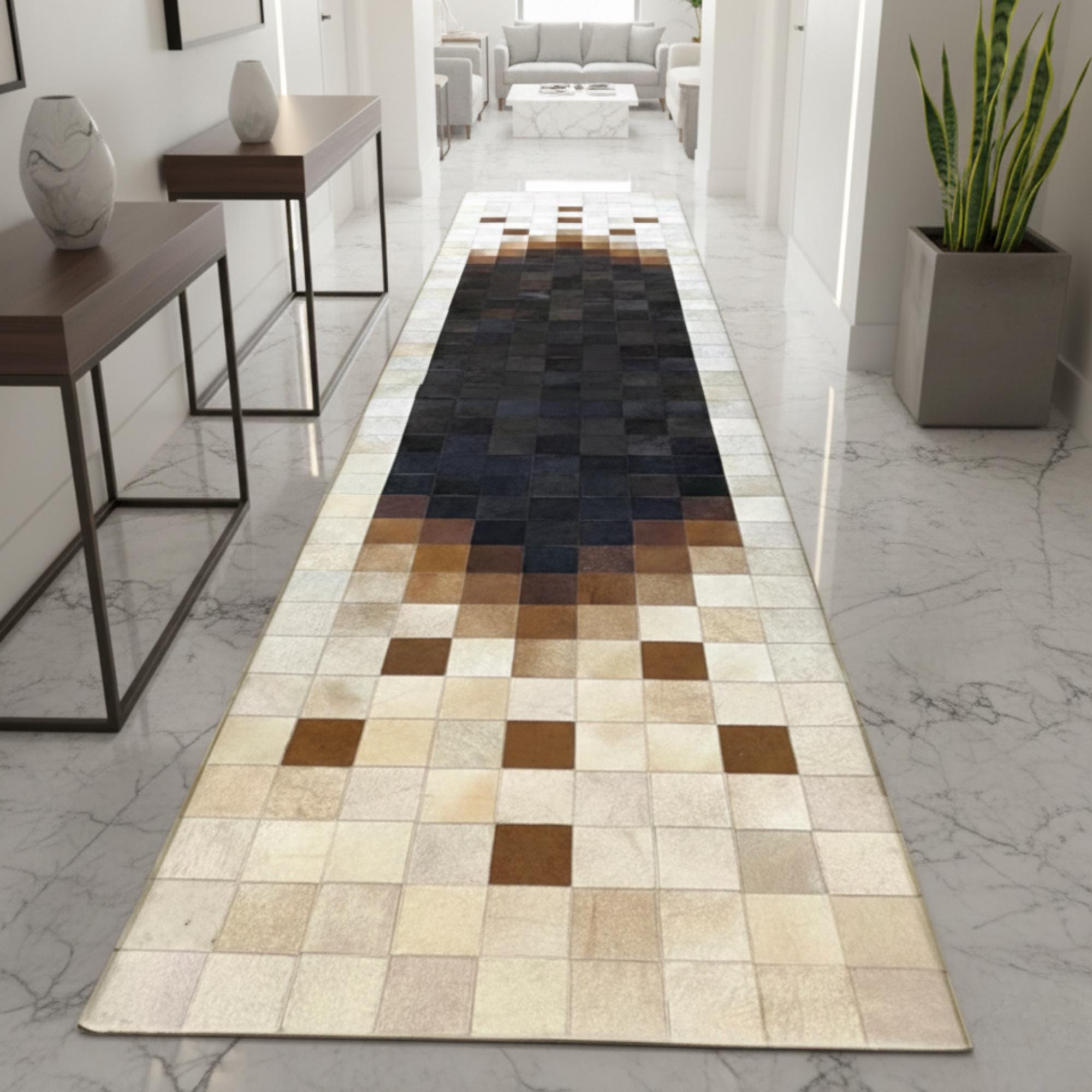 Beige and Brown Cowhide Runner Rug, Hallway Leather