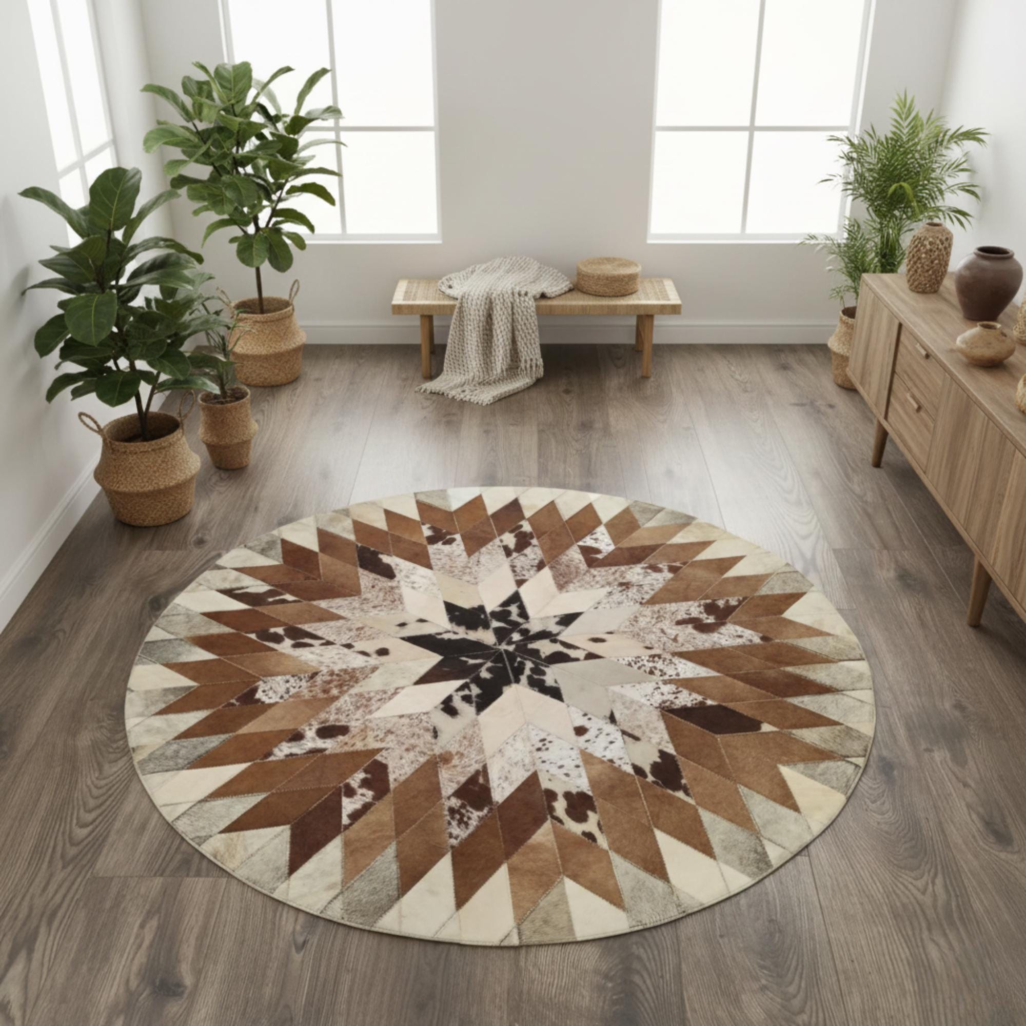 Round Cowhide Rug, Star Pattern Circle Mat, Geometric Patchwork Carpet,