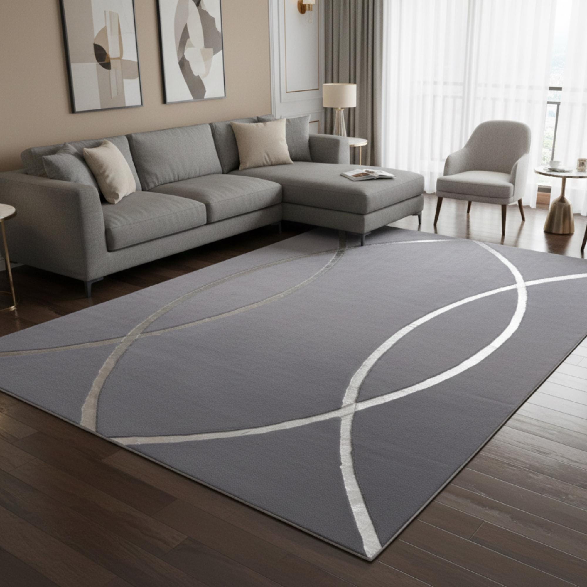 Gray and Silver Plush Rug, Modern Abstract Carpet, Silver Line Pattern Mat,
