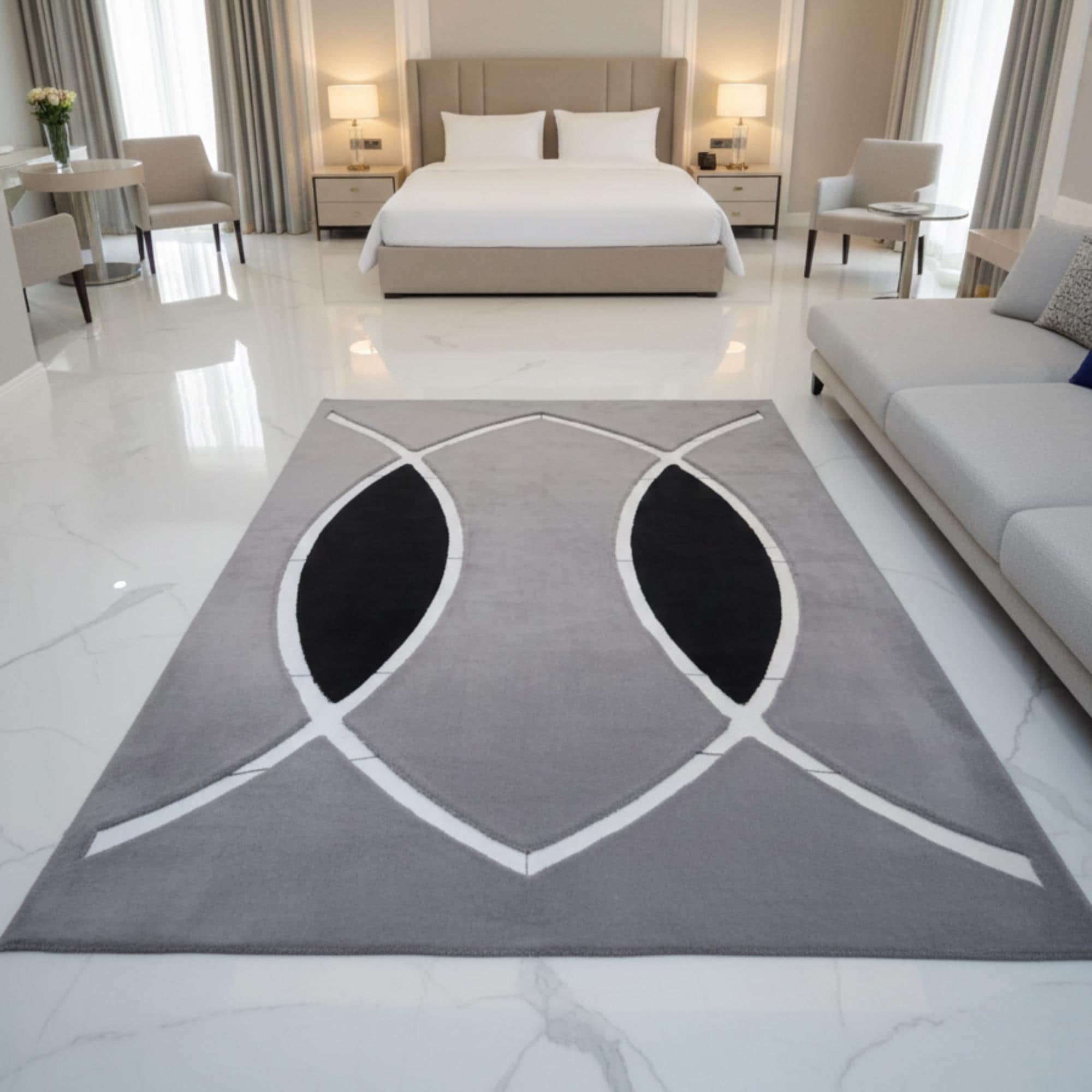 Gray and Black Plush Rug, Modern Abstract Carpet, Geometric Art Rug