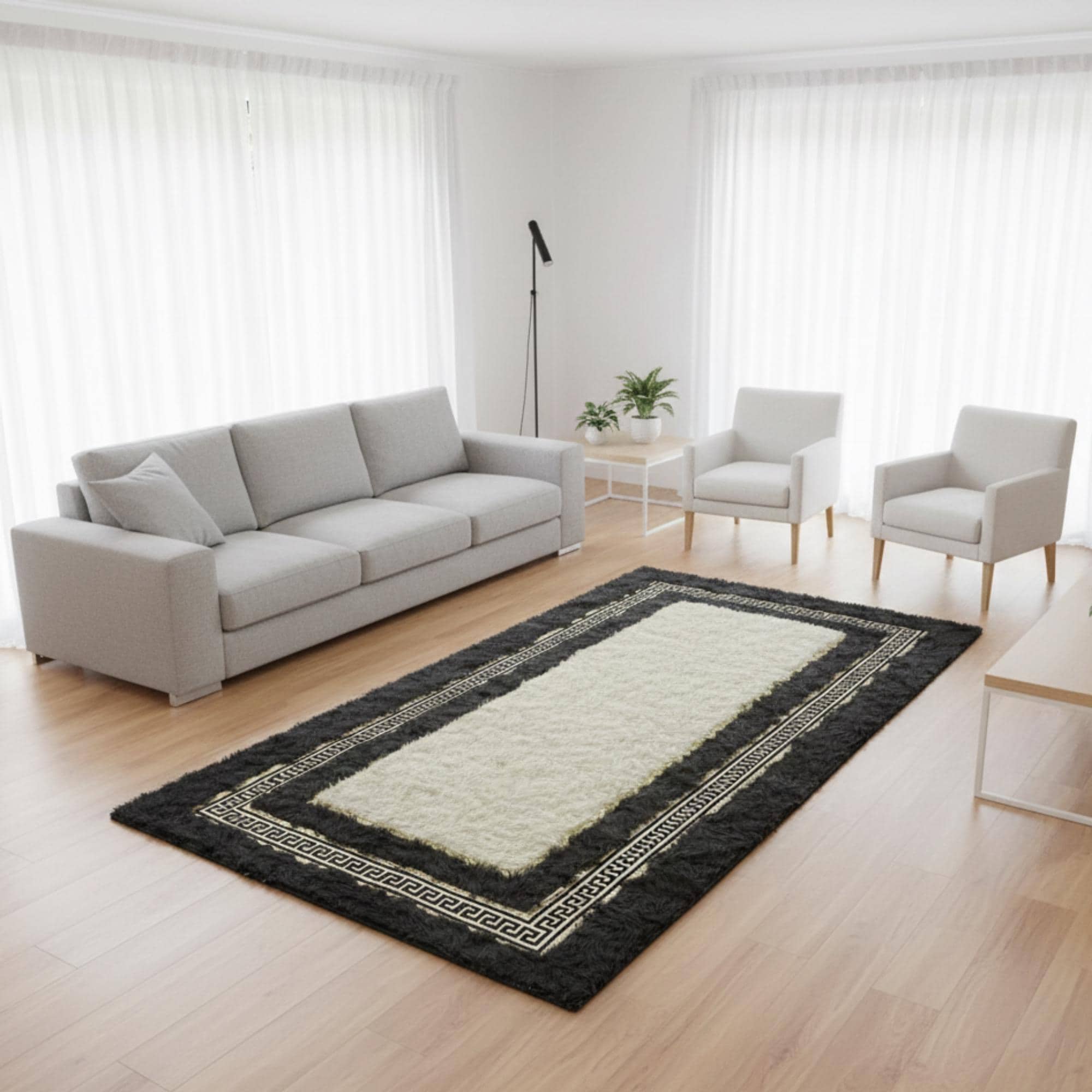 Tuscan Fur Rug, Geometric Border Carpet, Luxury Fluffy Area Rug, White and gray