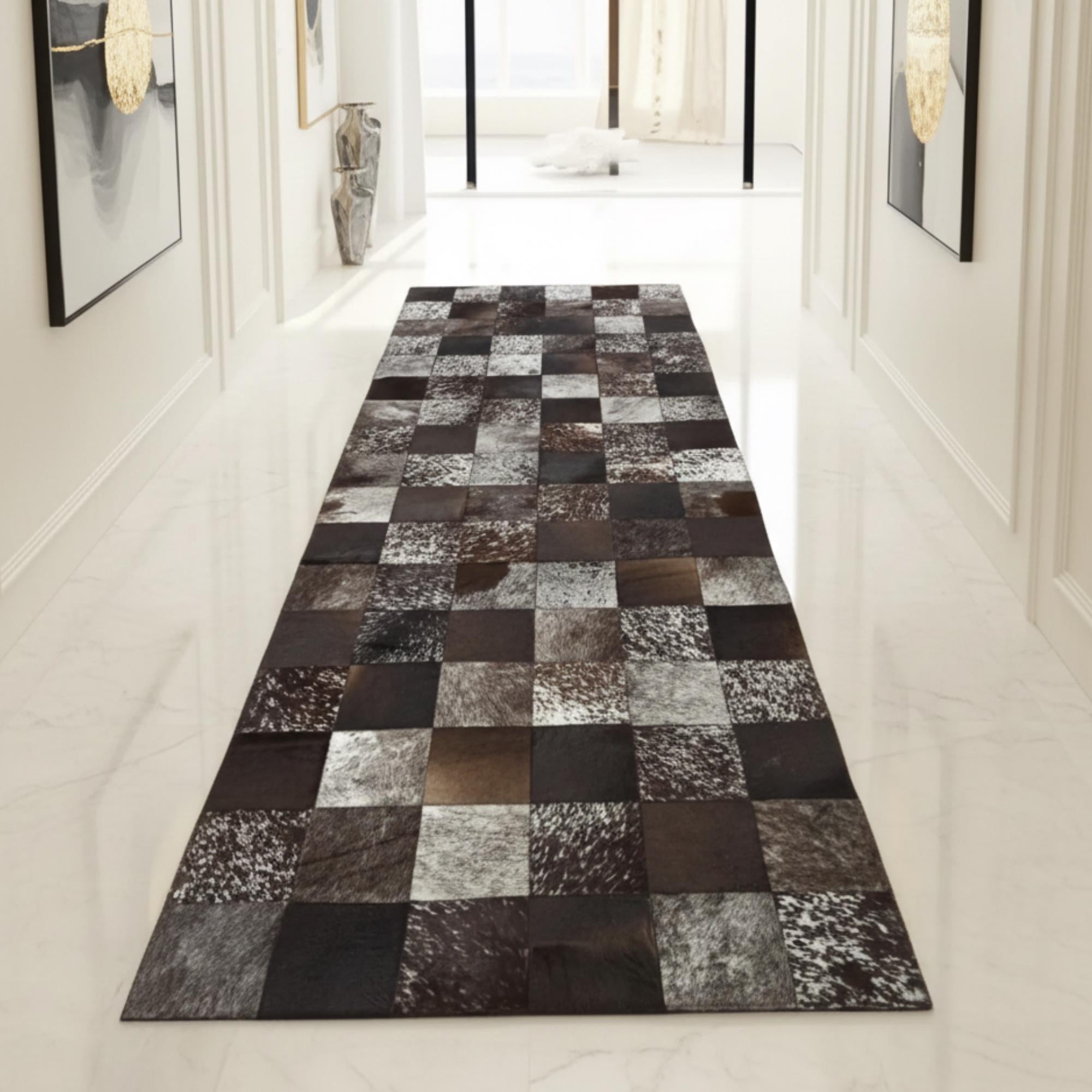 Dark Brown White Cowhide Rug, Hallway Leather