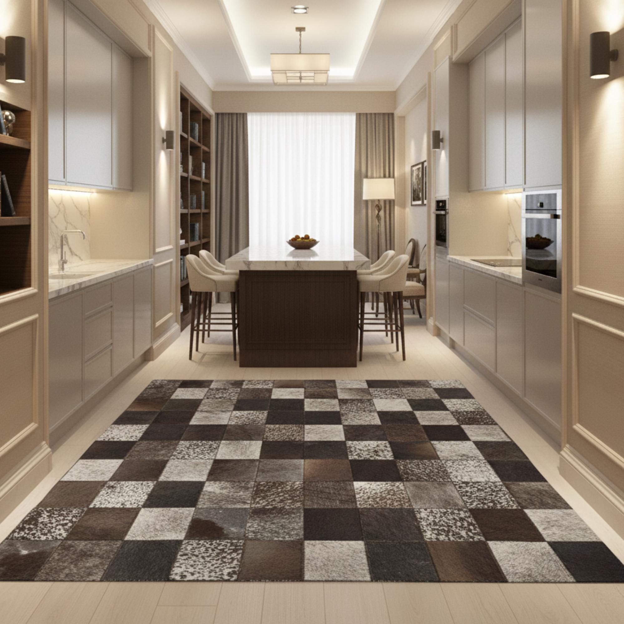 Dark Brown White Cowhide Rug, Hallway Leather