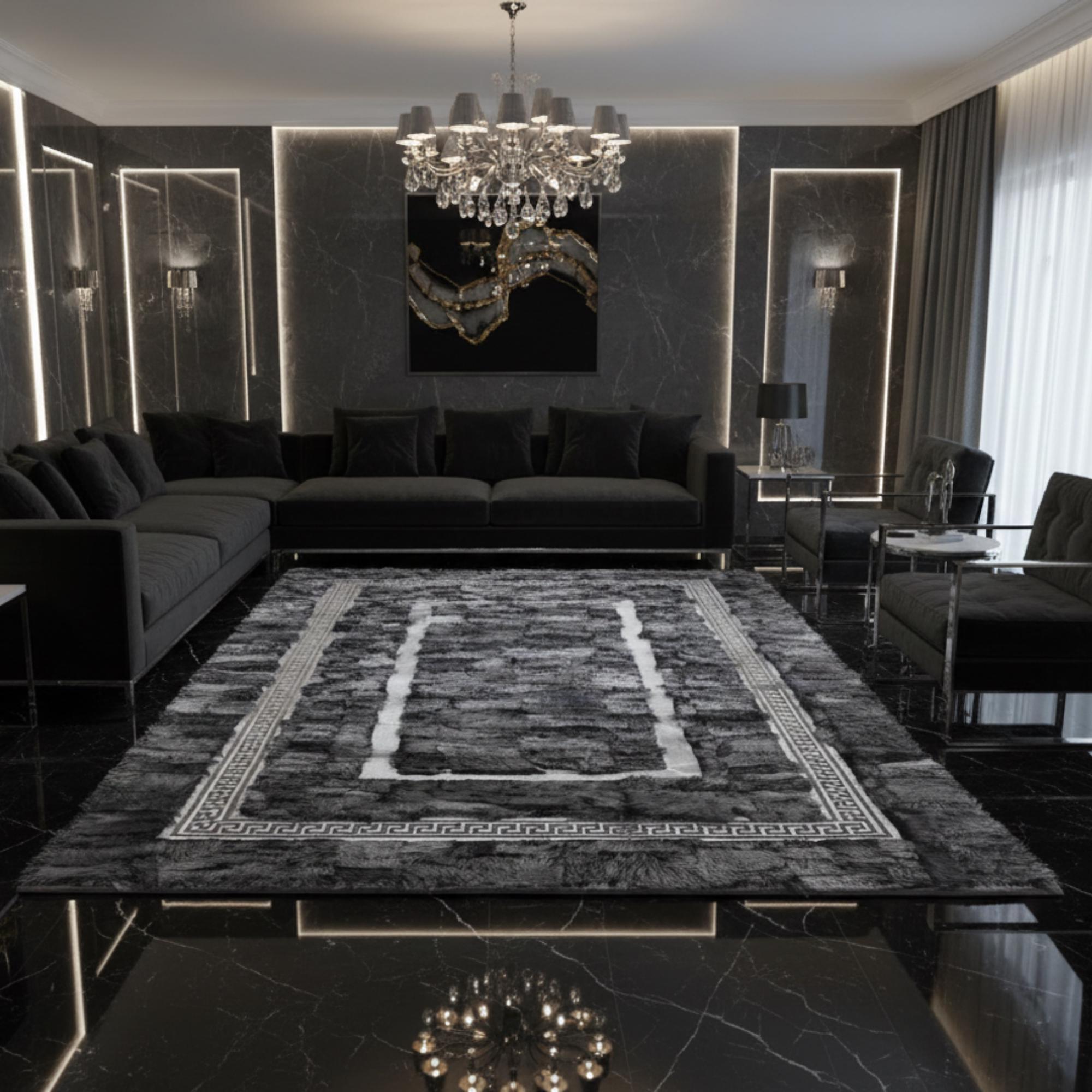 Gray Tuscan Fur Rug, Silver Border Carpet, area rug