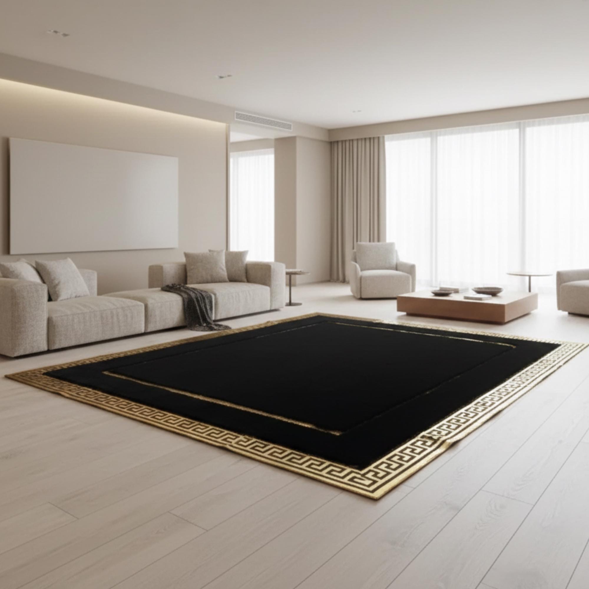 Black and Gold Plush Rug, Geometric Border Area Rug,