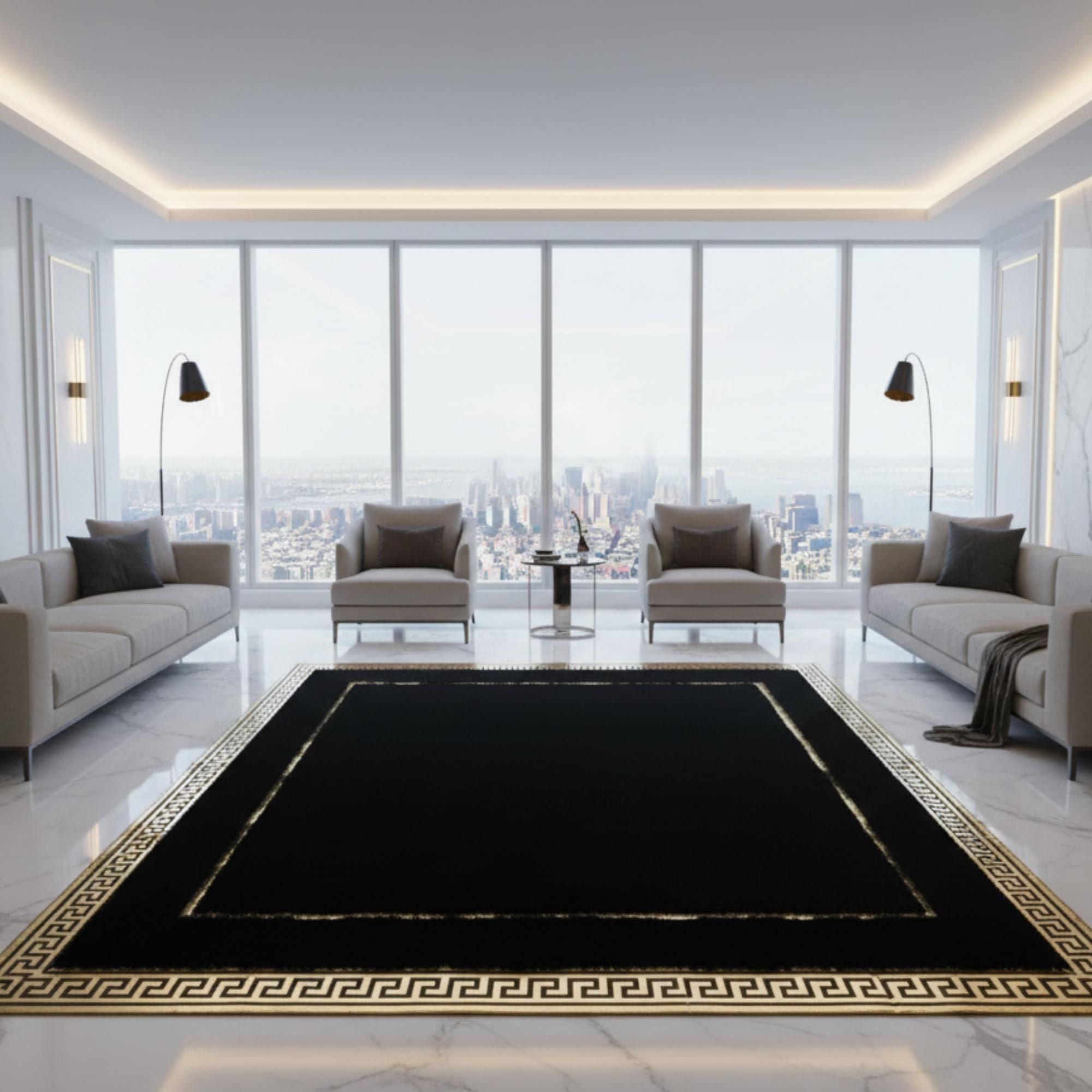 Black and Gold Plush Rug, Geometric Border Area Rug,