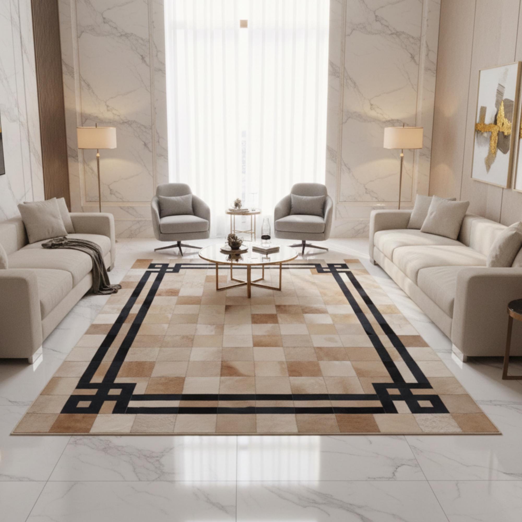 Beige Cowhide Rug, Black Geometric Border Area Rug, Tan Patchwork Carpet
