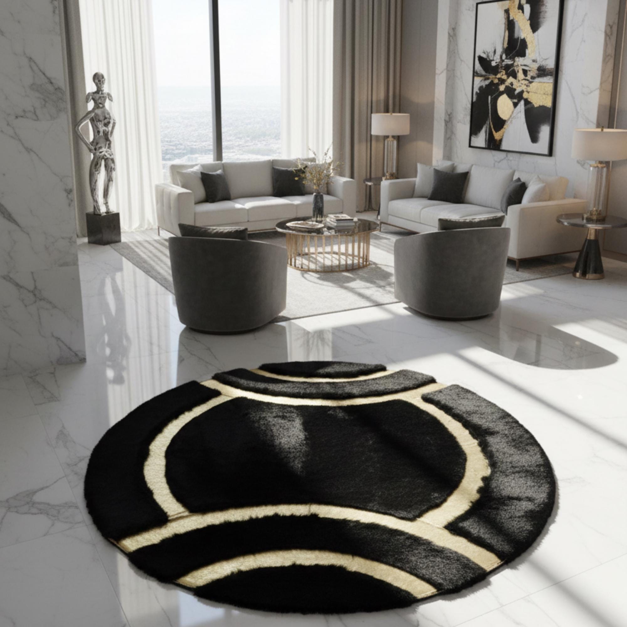 Round Black Plush Rug, Gold Detail Circle Mat, Luxury Fluffy Carpet,