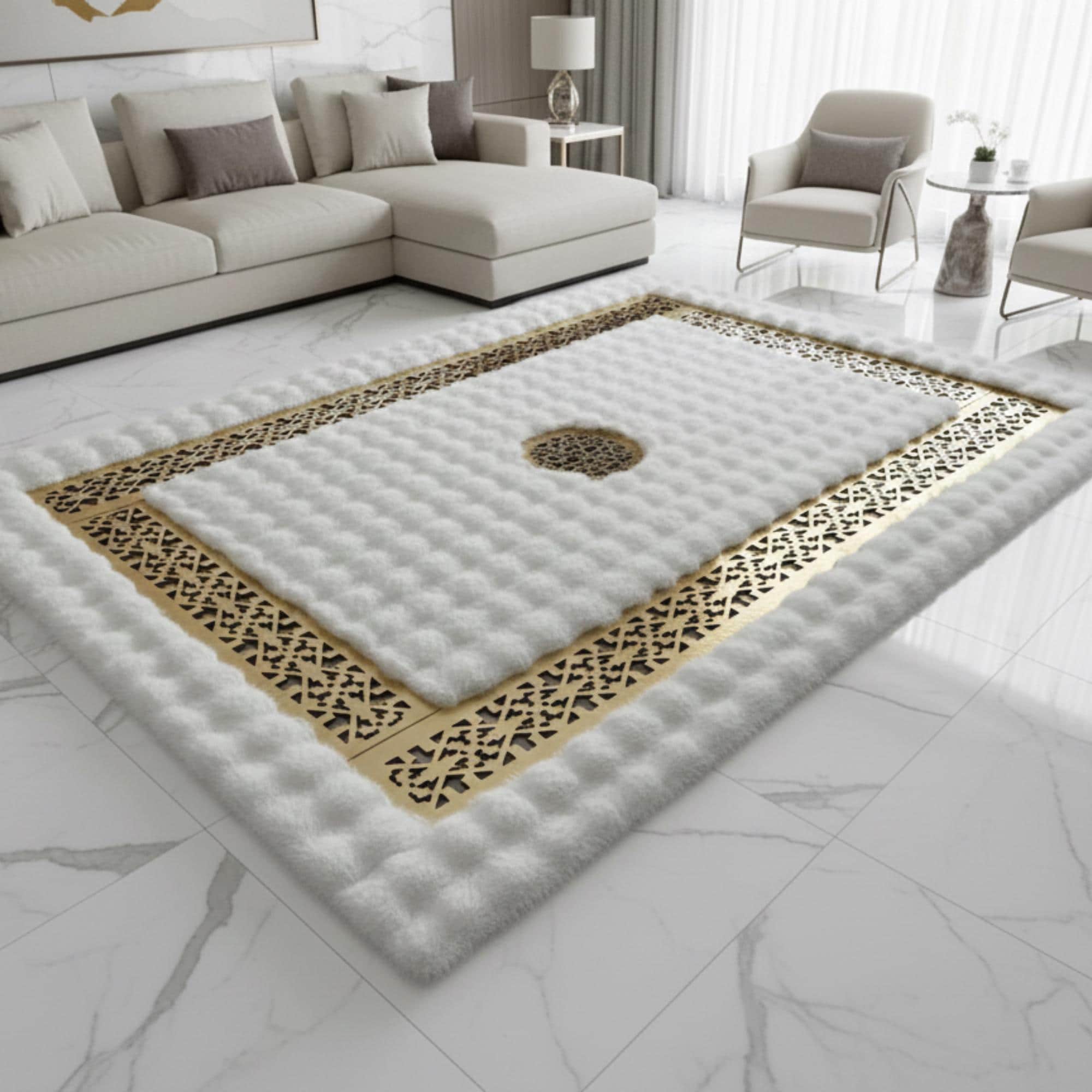 White Plush Rug, Gold Border Area Rug, Luxury Sculpted Fur Carpet,