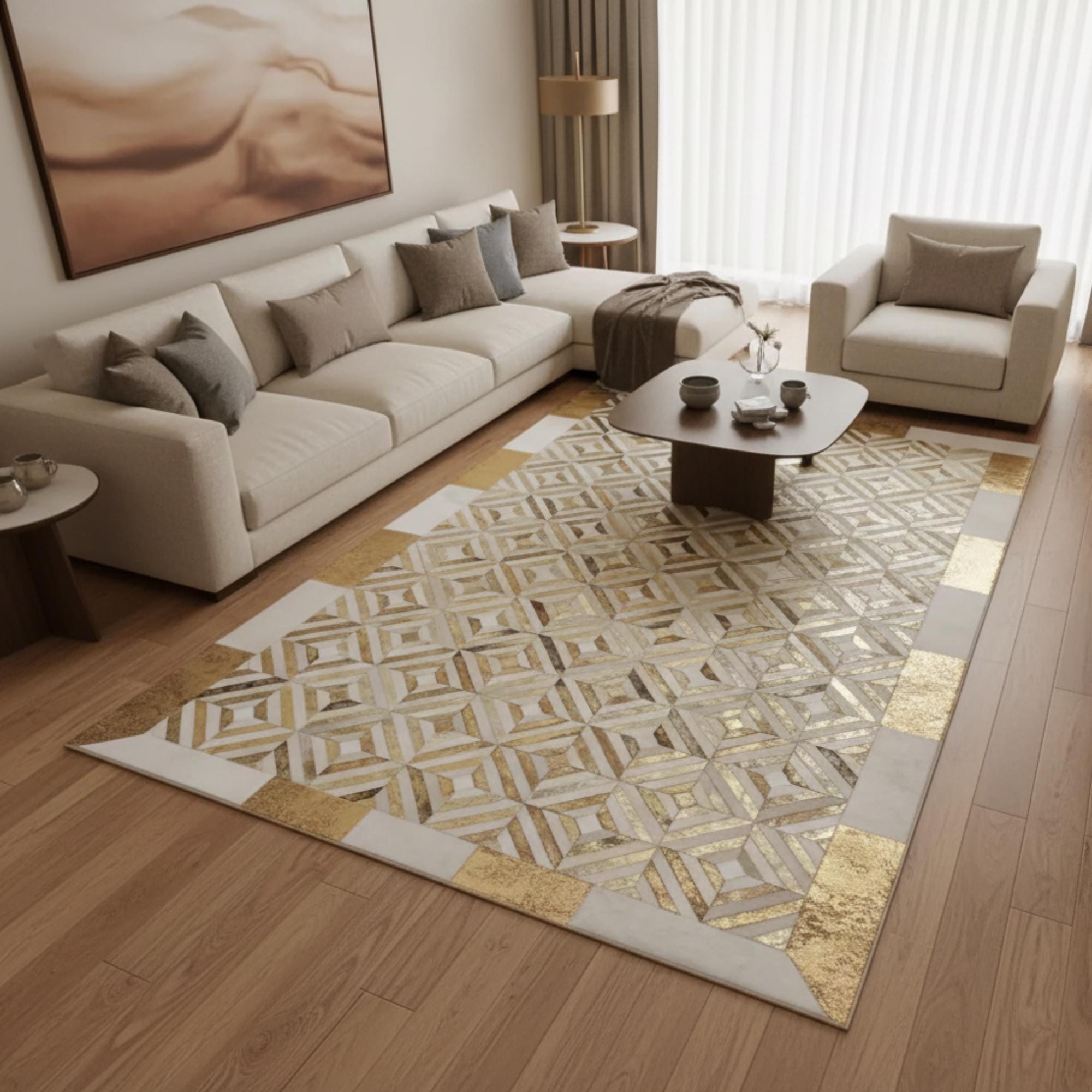 White and Gold Cowhide Rug, Geometric Patchwork Area Rug, Metallic Leather Carpet