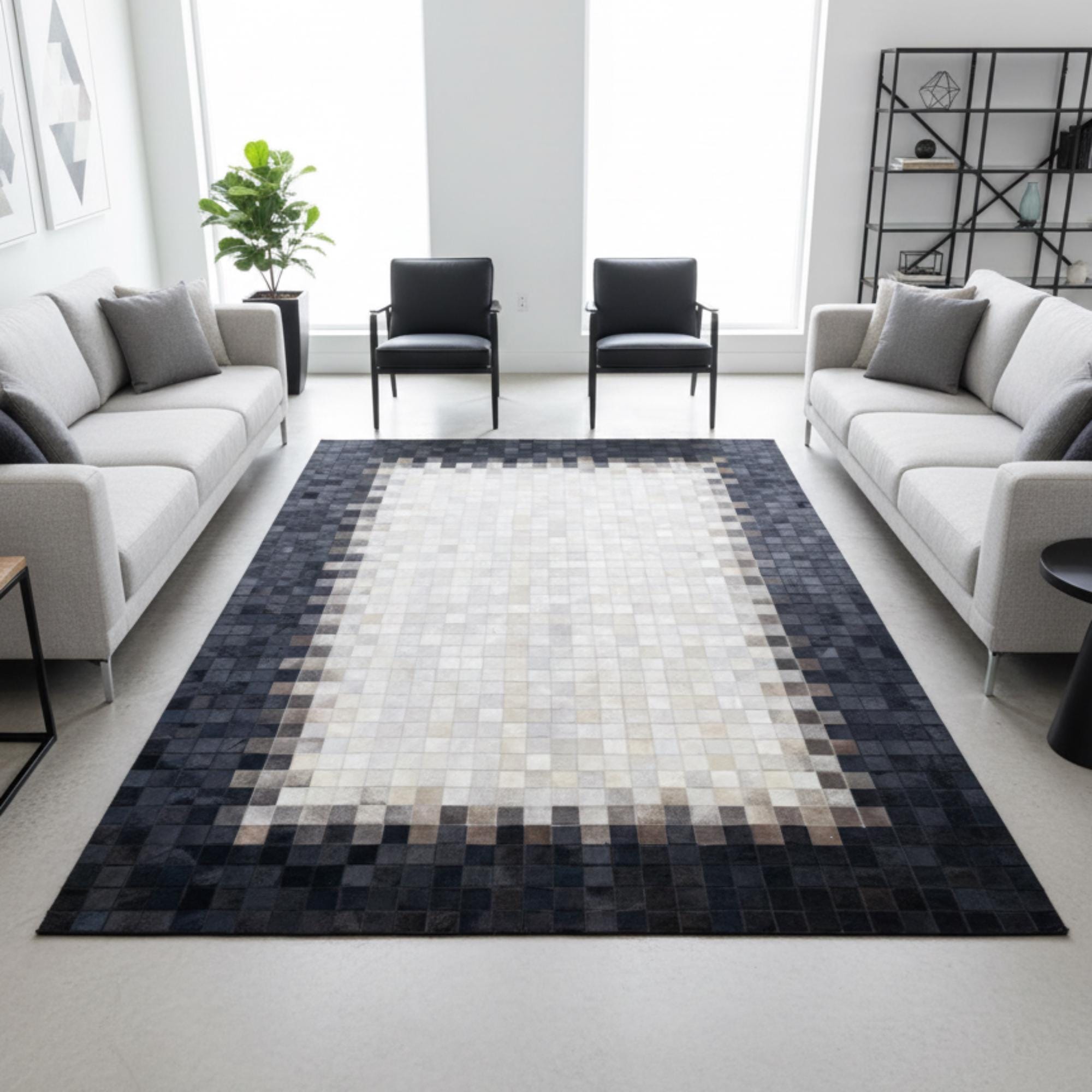 White and Black Cowhide Rug, Mosaic Patchwork Area Rug, Geometric Square Carpet