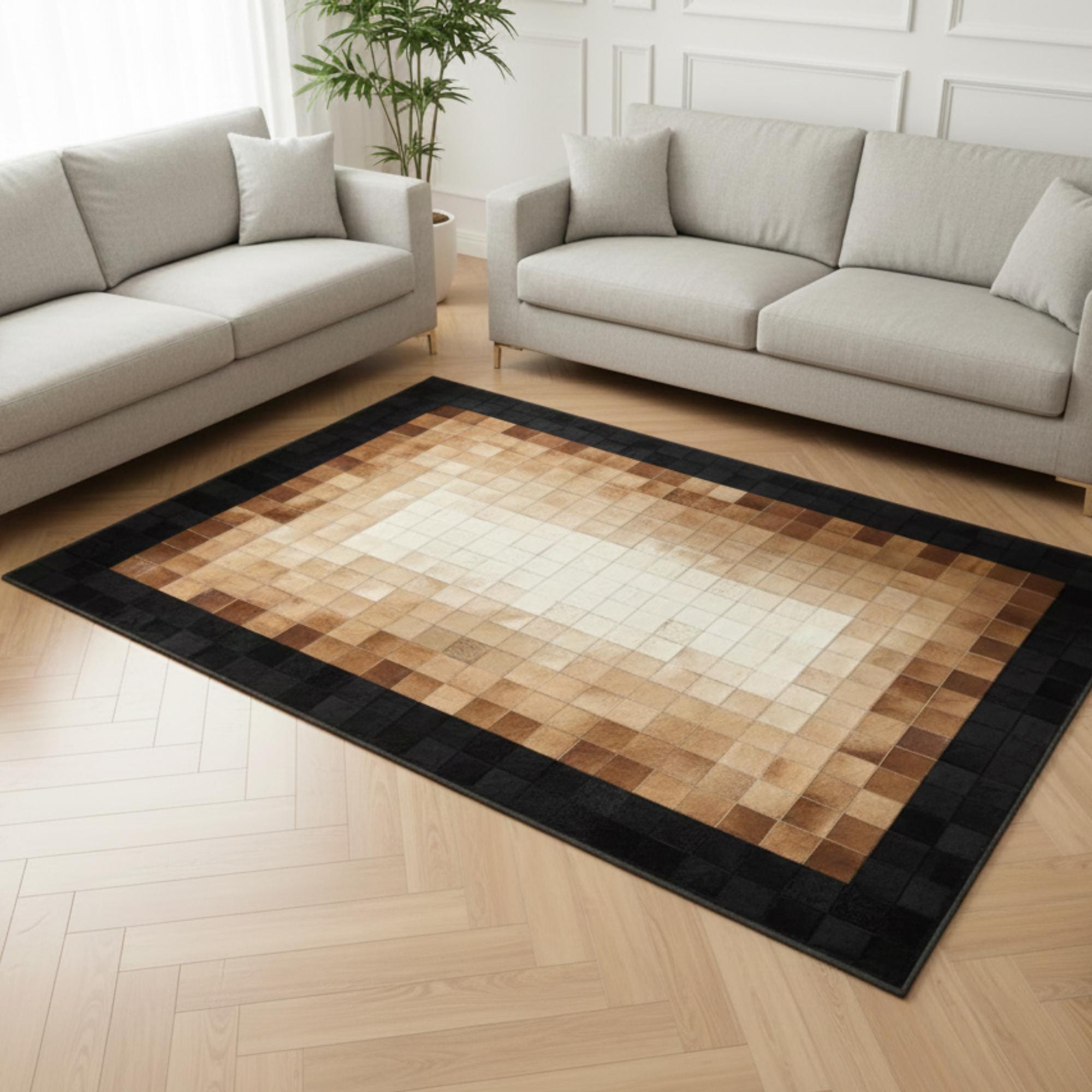 Brown Cowhide Rug, Ombre Patchwork Area Rug, Brown and Black Leather Carpet