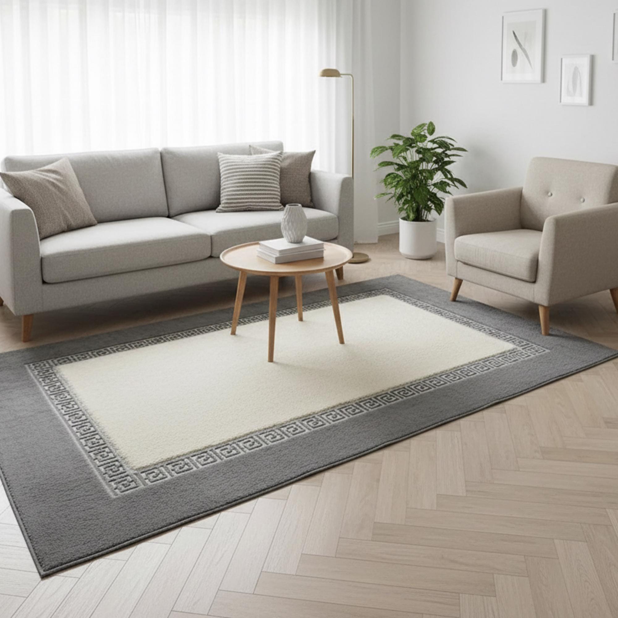 Gray and White Plush Rug, Geometric Border Area Rug, Luxury Fur Carpet,
