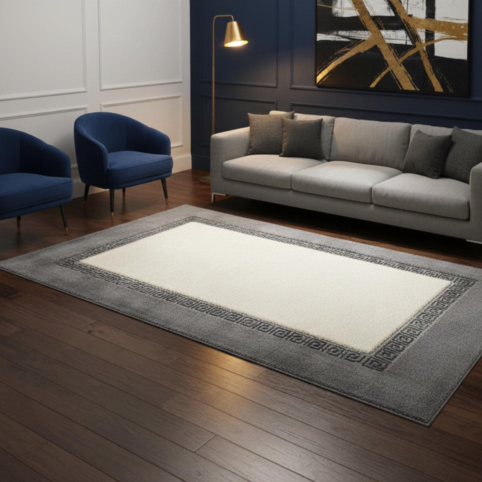 Gray and White Plush Rug, Geometric Border Area Rug, Luxury Fur Carpet,