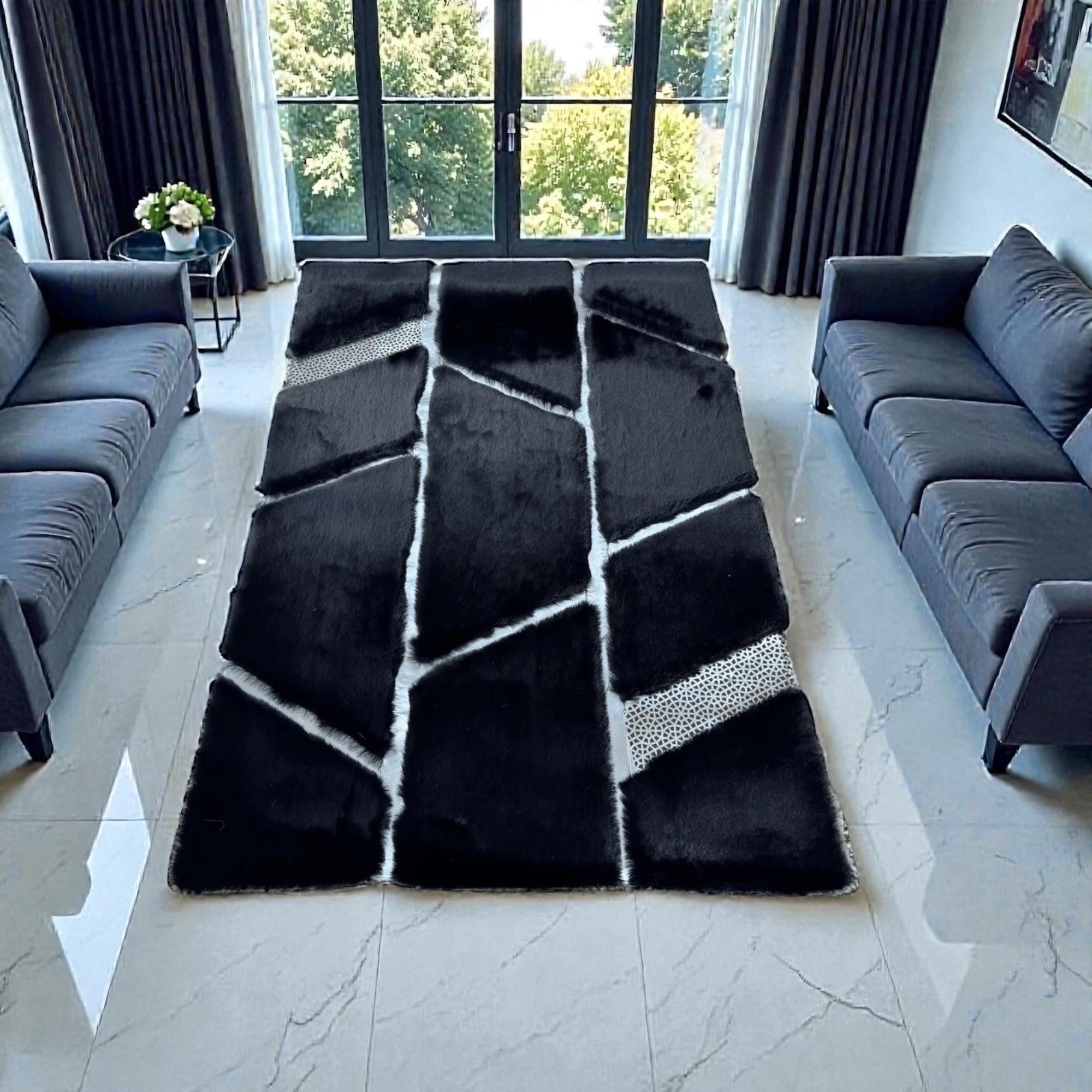 Black and Silver Abstract Plush Rug, Geometric Fur Carpet,