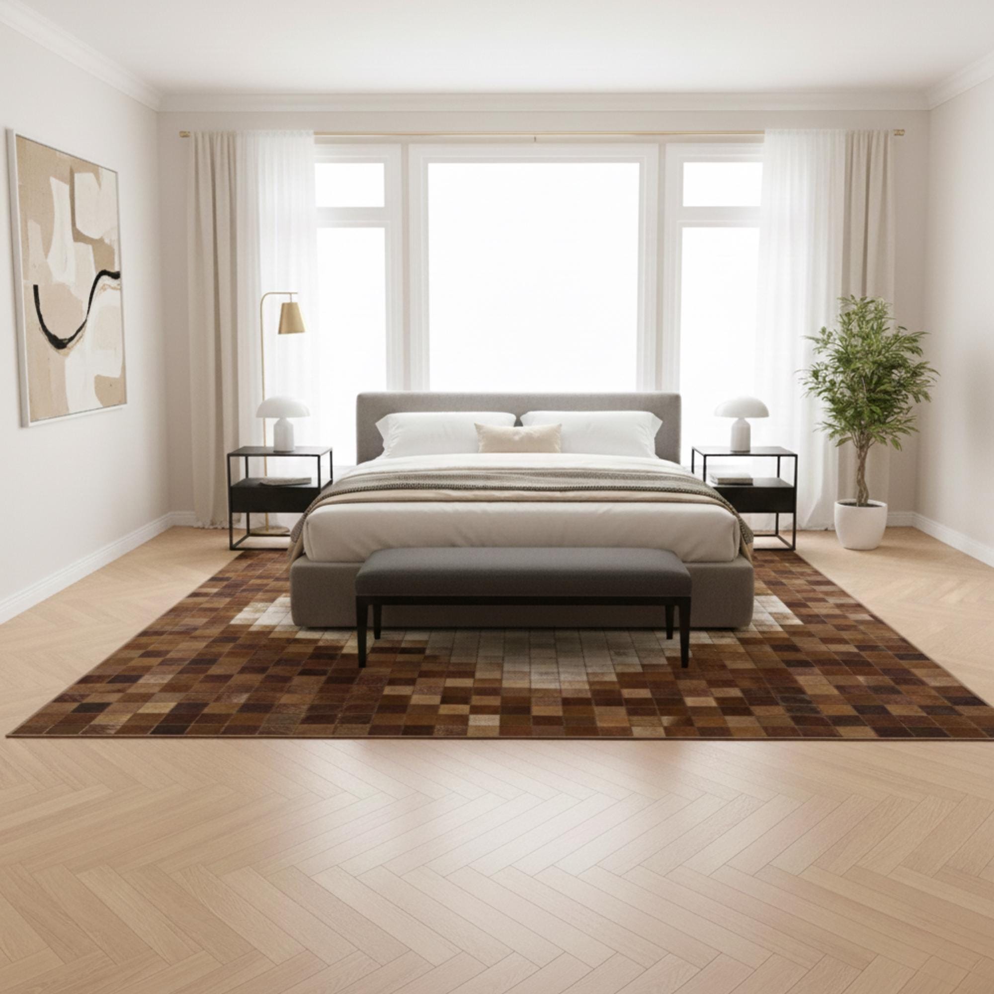 Brown and Cream Cowhide Rug, Beige Patchwork Area Rug, Natural Leather