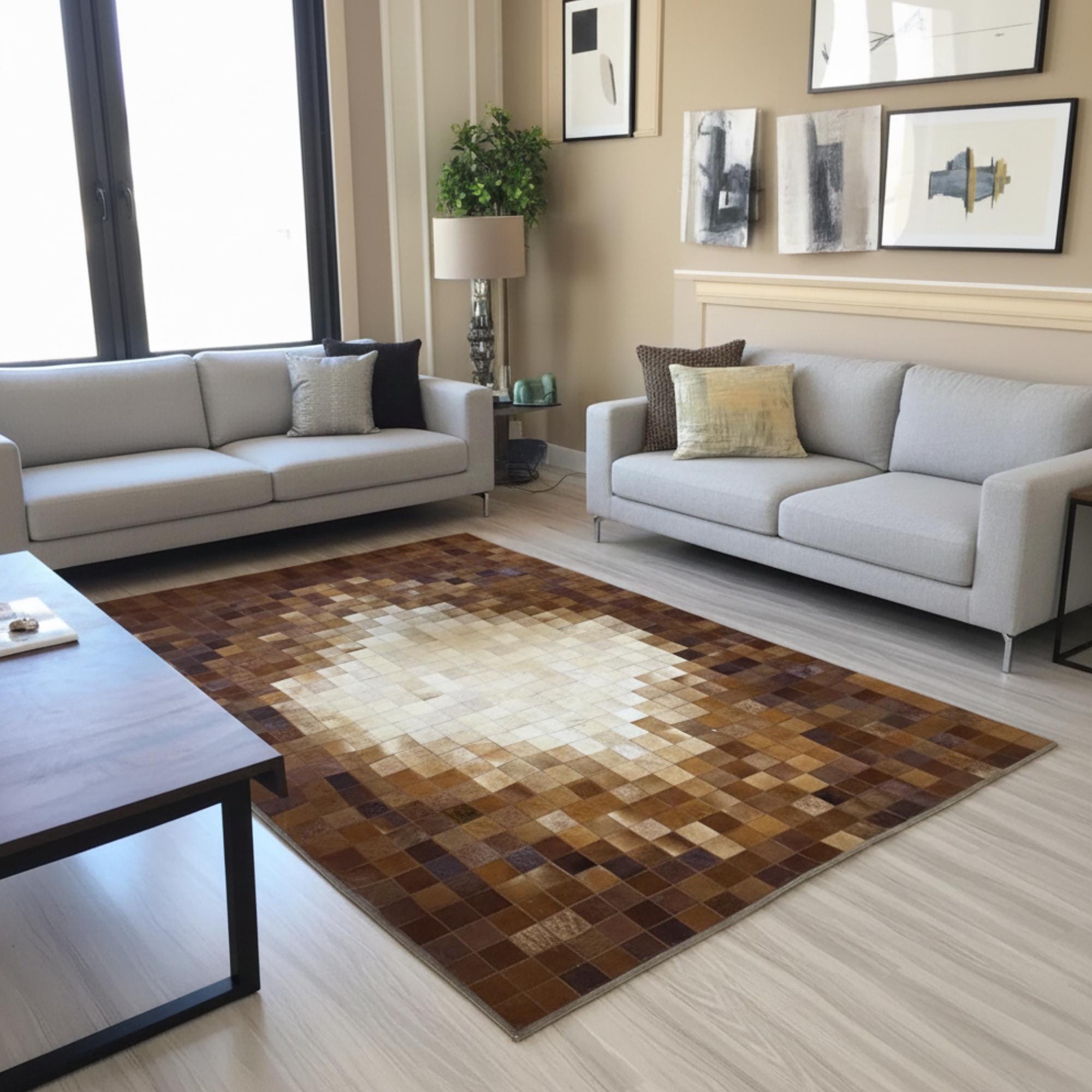 Brown and Cream Cowhide Rug, Beige Patchwork Area Rug, Natural Leather