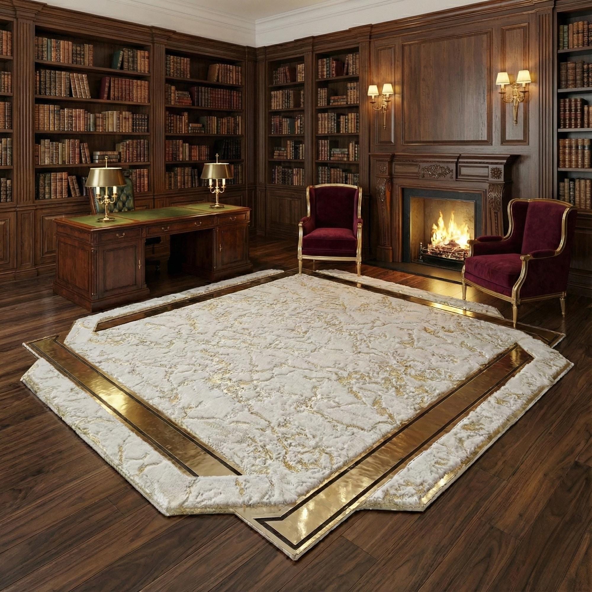 White and Gold Plush Rug, Luxury Gold Border Area Rug,