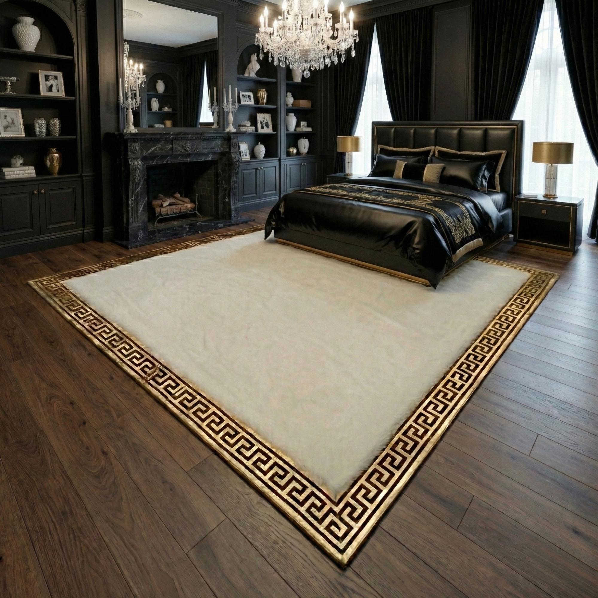 White and Gold Plush Rug, Geometric Border Area Rug,