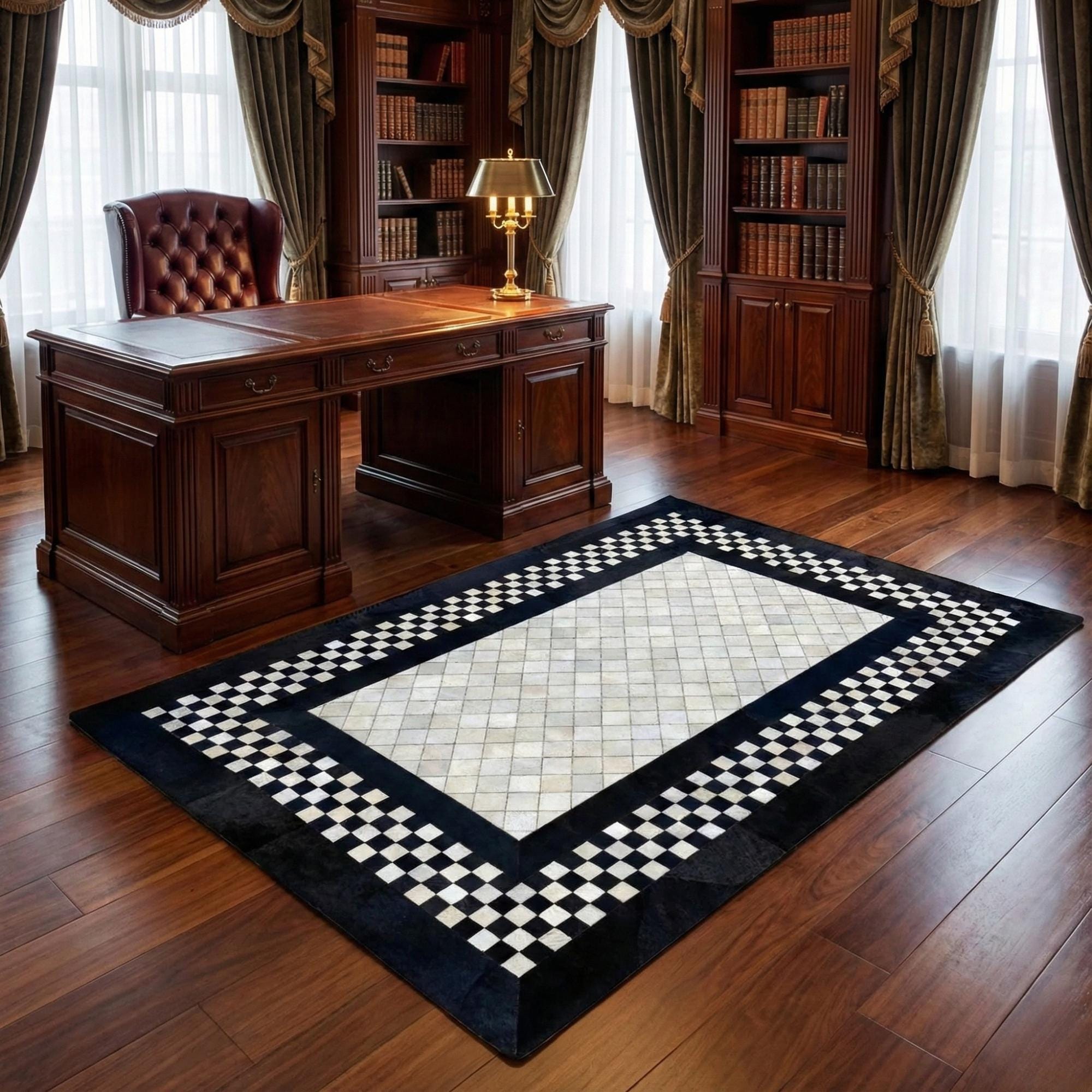 Black and White Cowhide Rug, Checkerboard Border Area Rug,