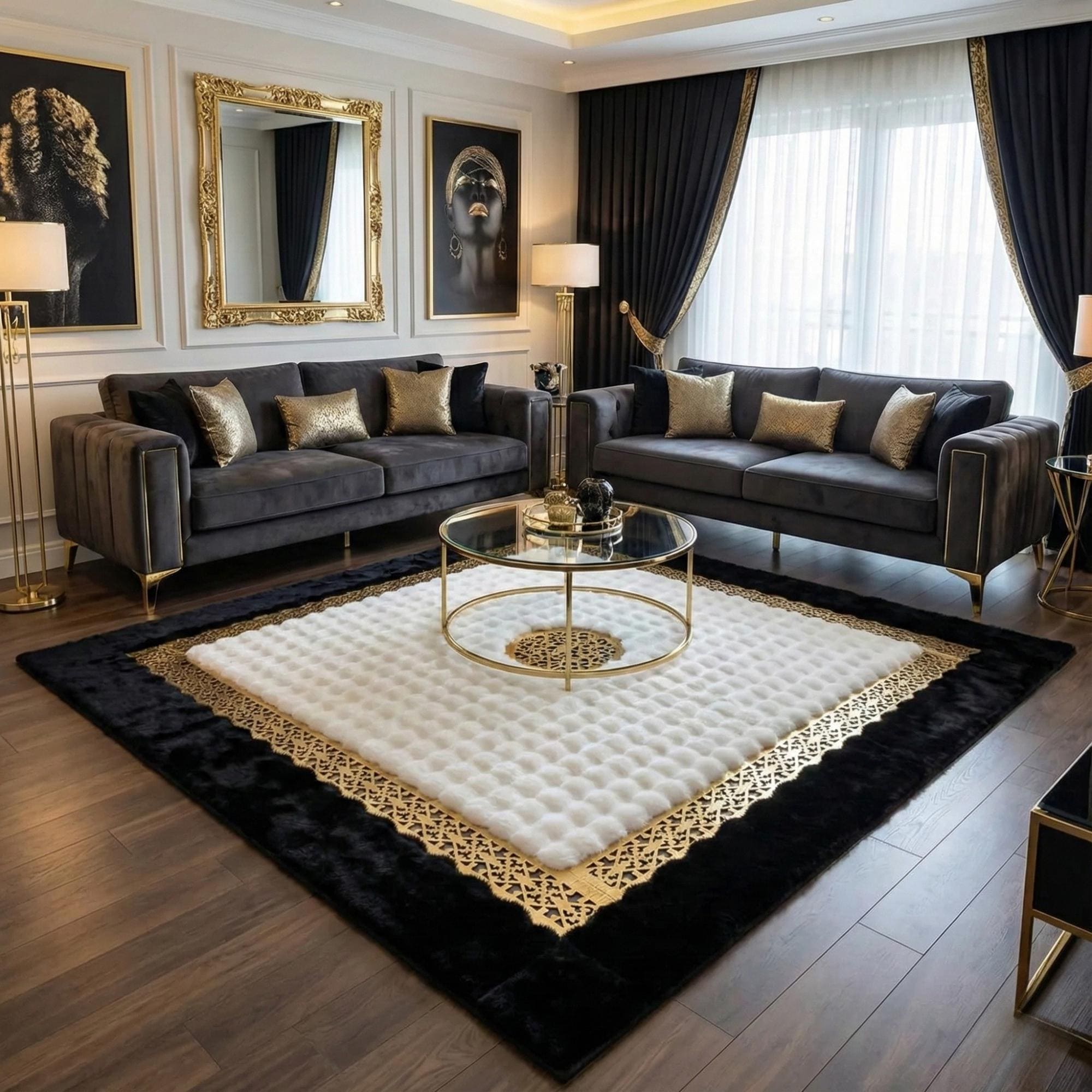 Black and White Plush Rug, Gold Border Area Rug,