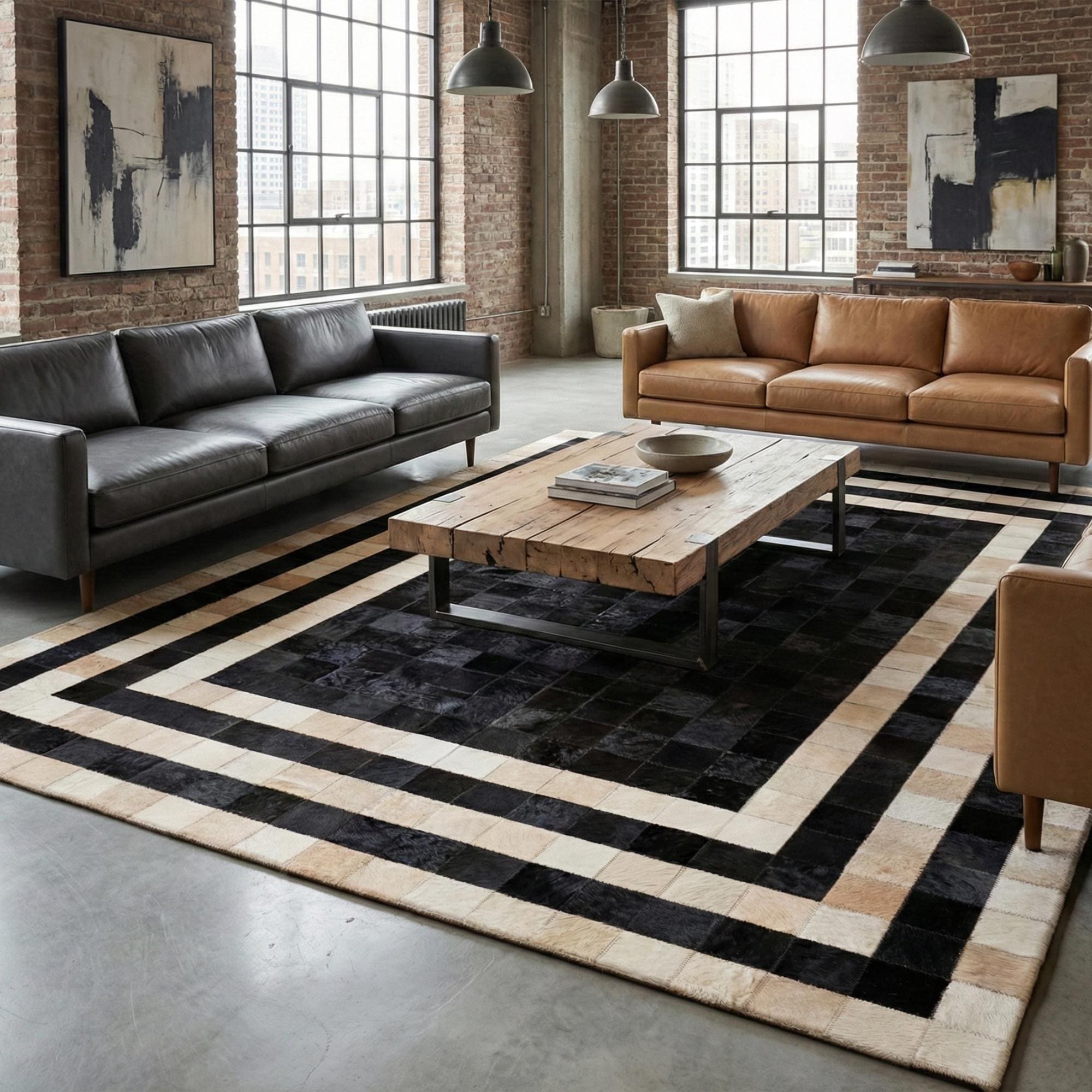 Black and Beige Cowhide Rug, Geometric Border Area Rug,