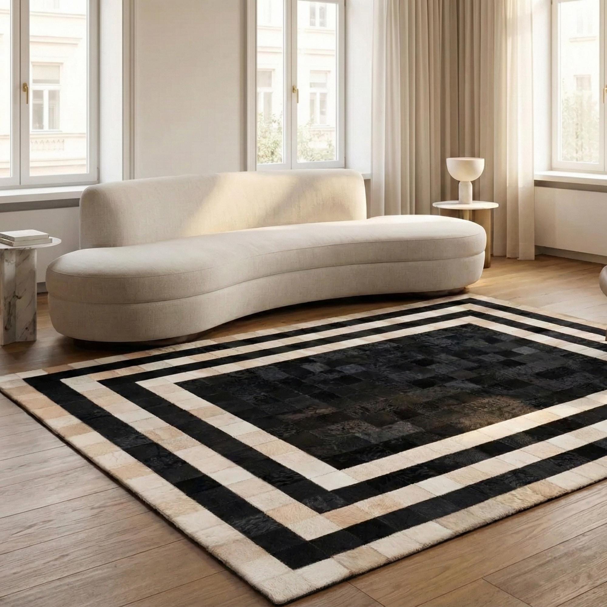 Black and Beige Cowhide Rug, Geometric Border Area Rug,