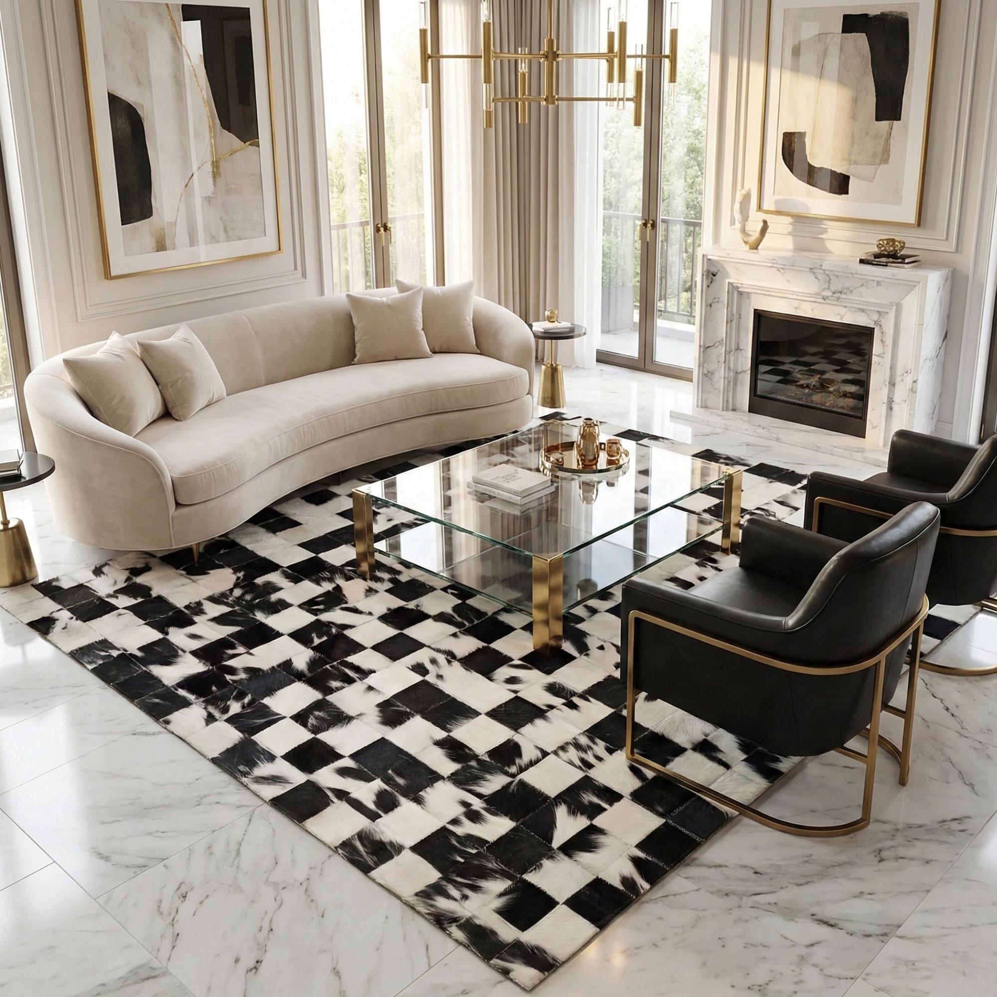 Black and White Cowhide Rug, Geometric Patchwork Area Rug,