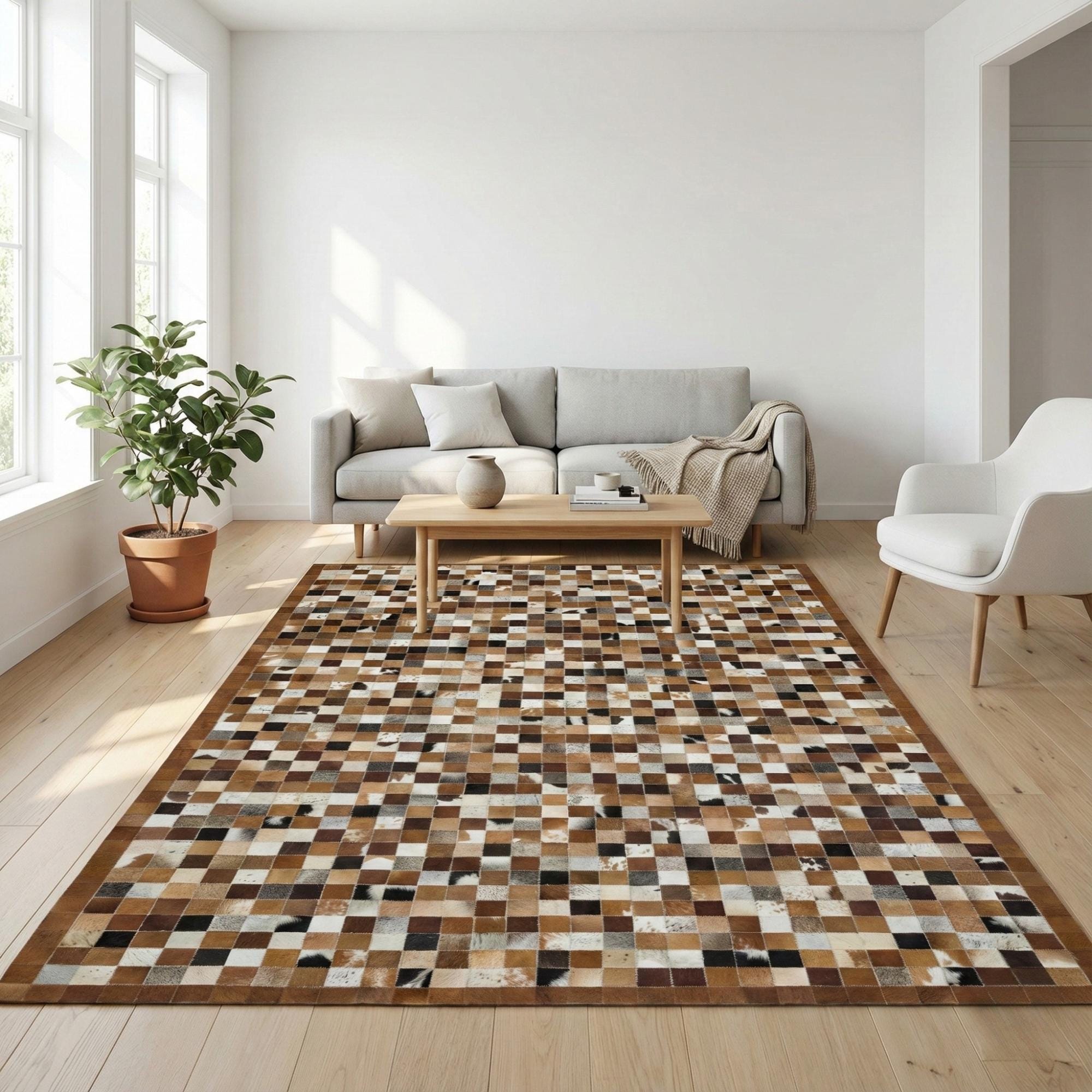 Brown and White Cowhide Rug, Pixel Patchwork Area Rug, Mosaic Leather Carpet
