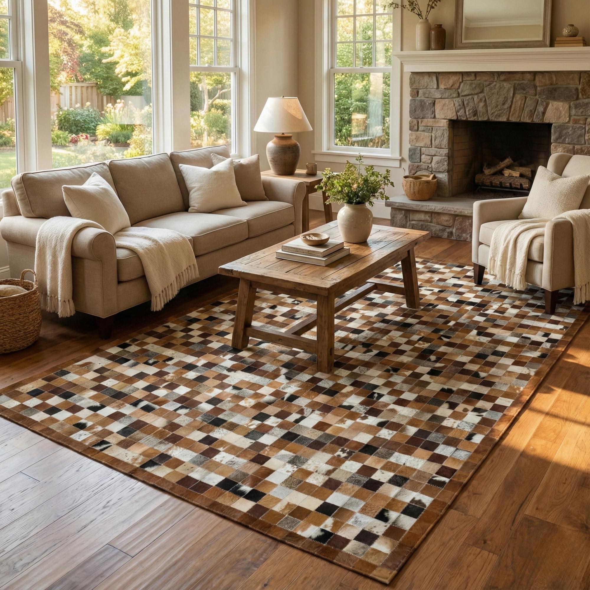 Brown and White Cowhide Rug, Pixel Patchwork Area Rug, Mosaic Leather Carpet