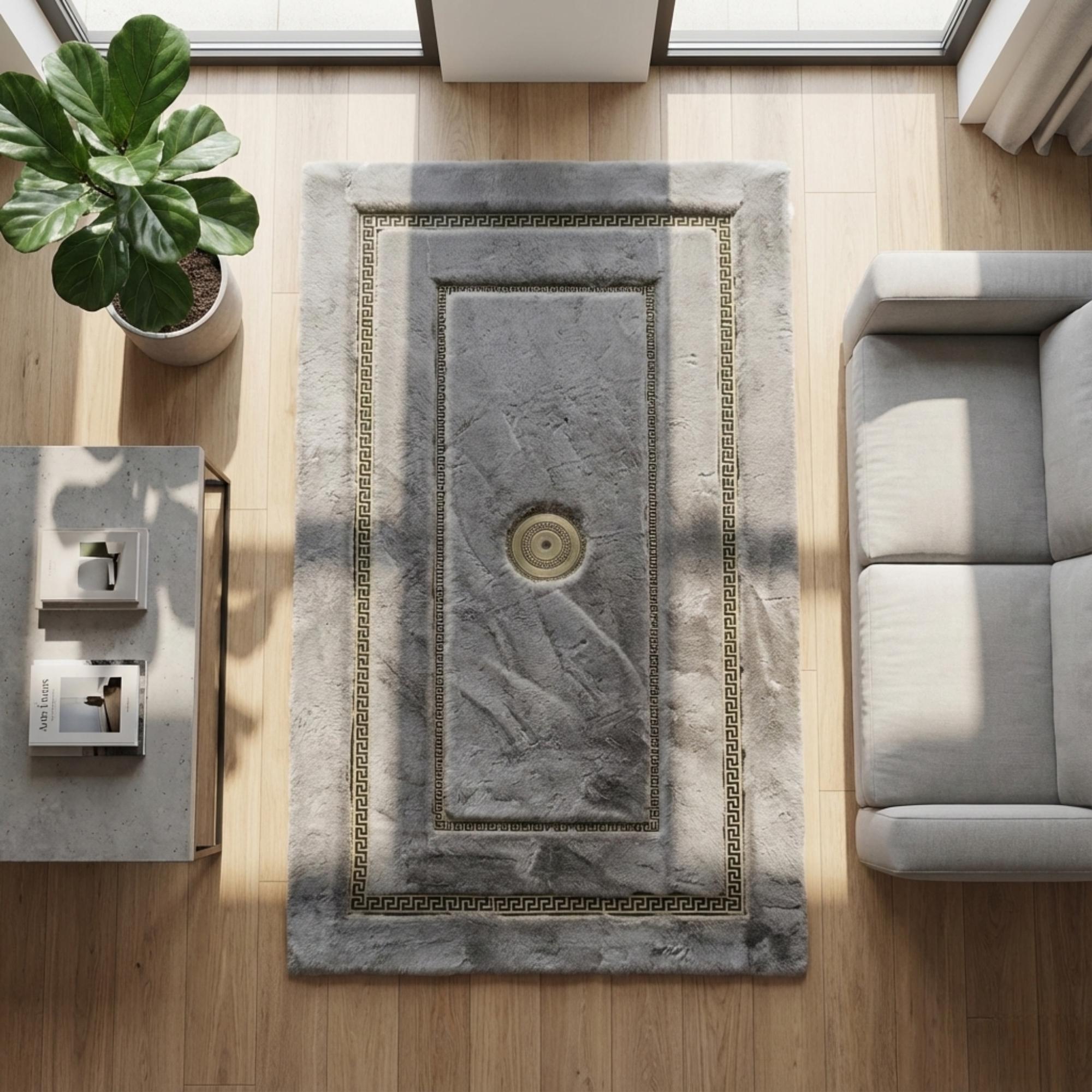 Gray and with Gold Geometric Border Plush Rug, Luxury Fur Area Rug,