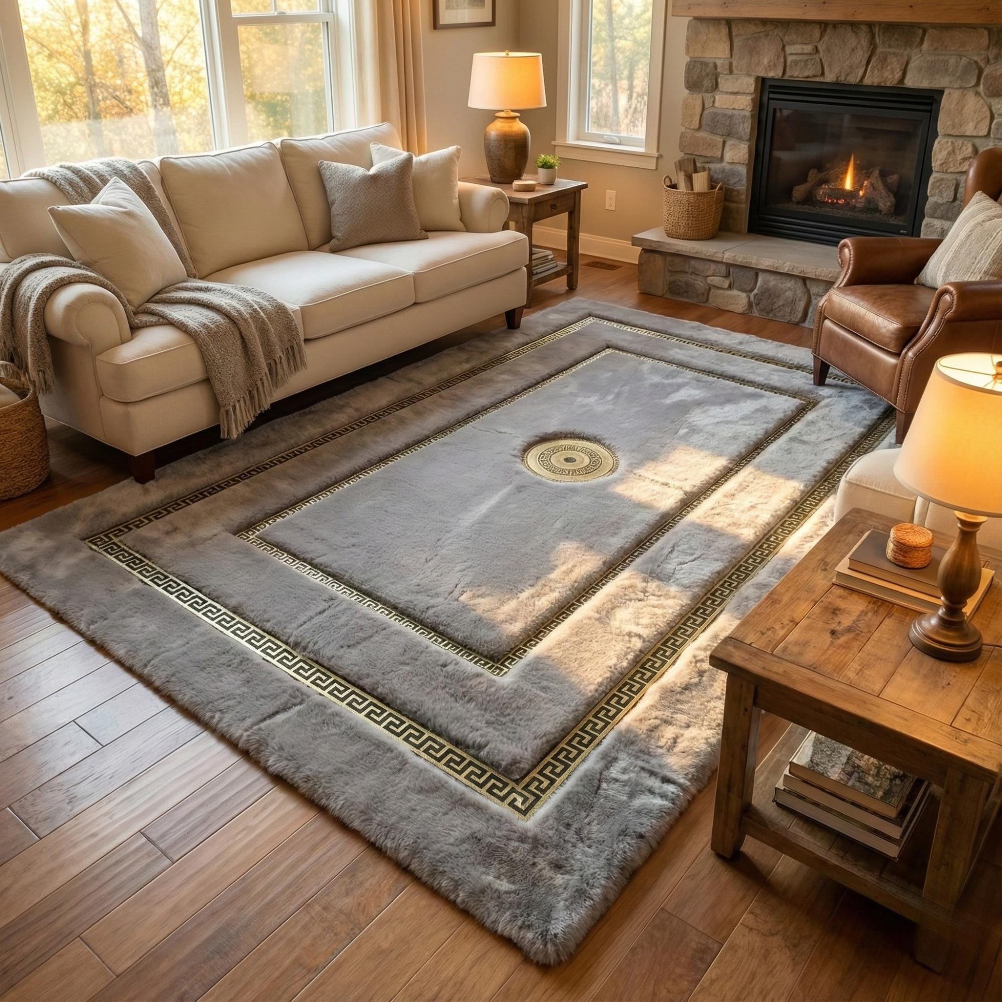 Gray and with Gold Geometric Border Plush Rug, Luxury Fur Area Rug,