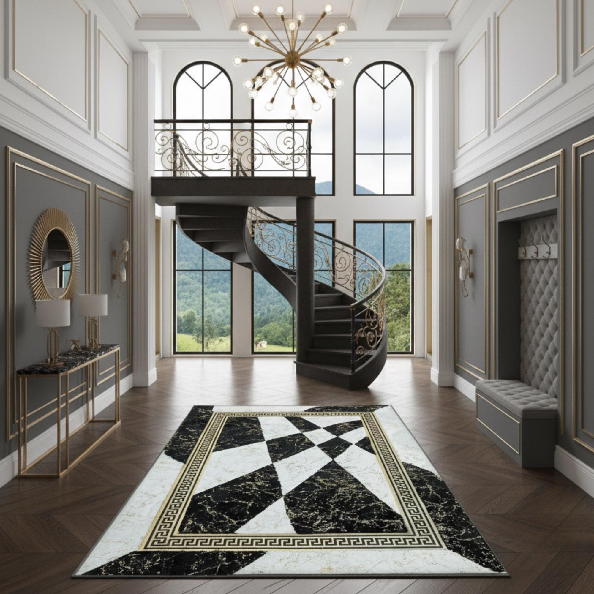 Black and White Cowhide Rug, Gold Detail Area Rug, Abstract Geometric Carpet